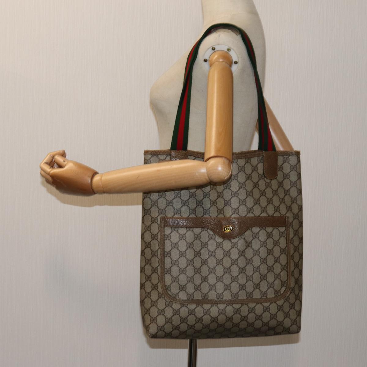 GUCCI GG Canvas Web Sherry Line Tote Bag PVC Beige Green Red 71028