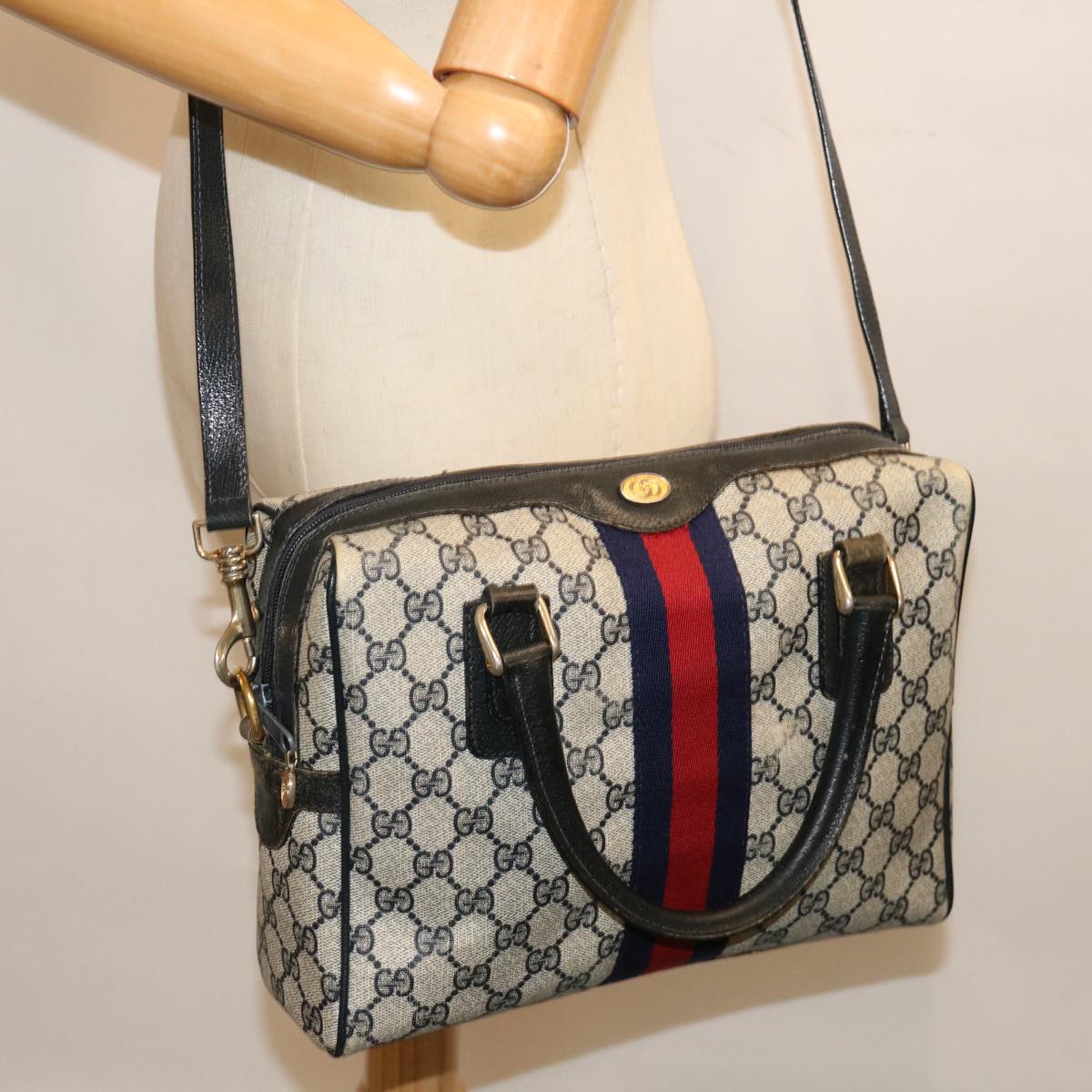 GUCCI GG Canvas Sherry Line Hand Bag PVC 2way Navy Red 71079