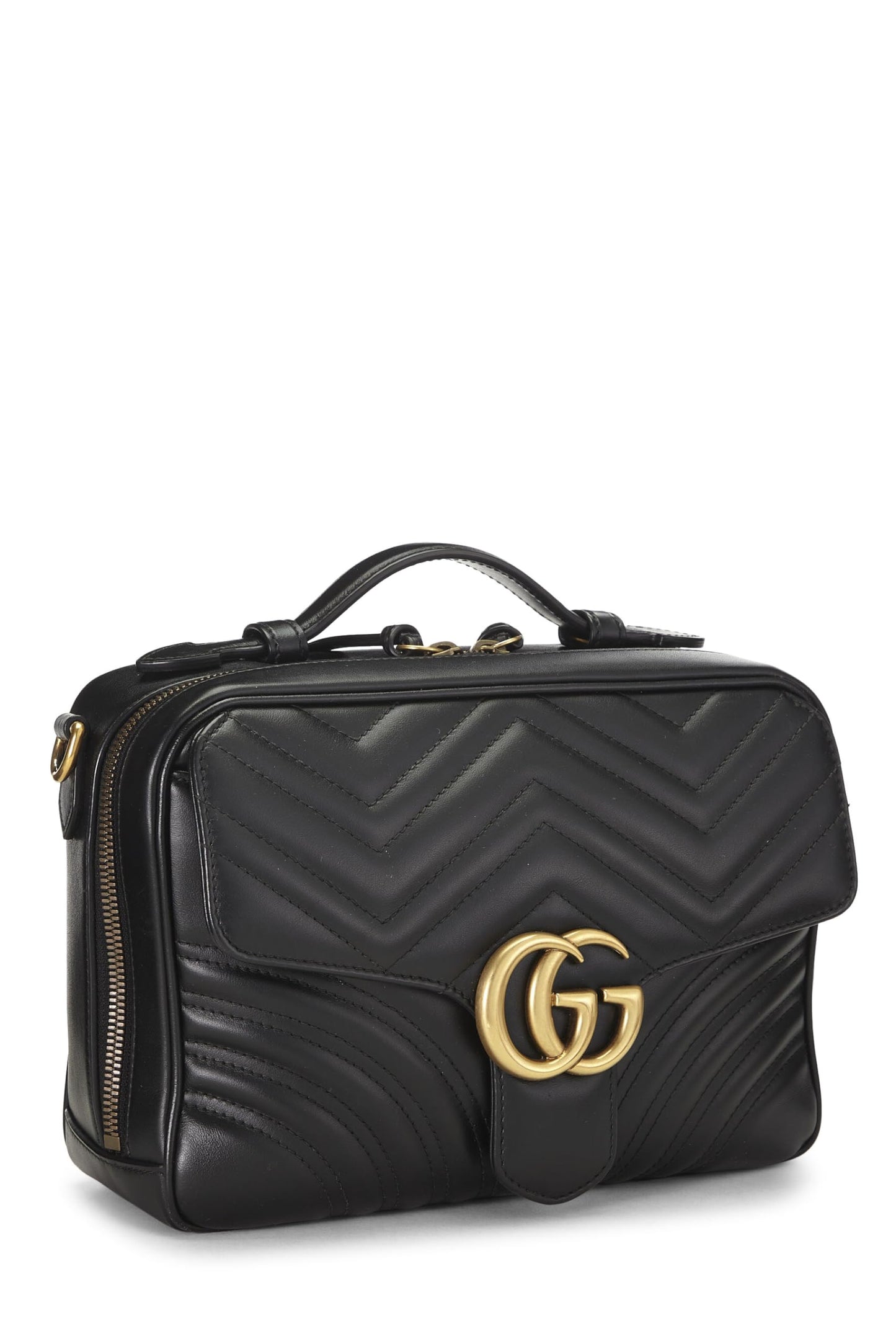 Gucci, Black Leather GG Marmont Top Handle Shoulder Bag Small, Black