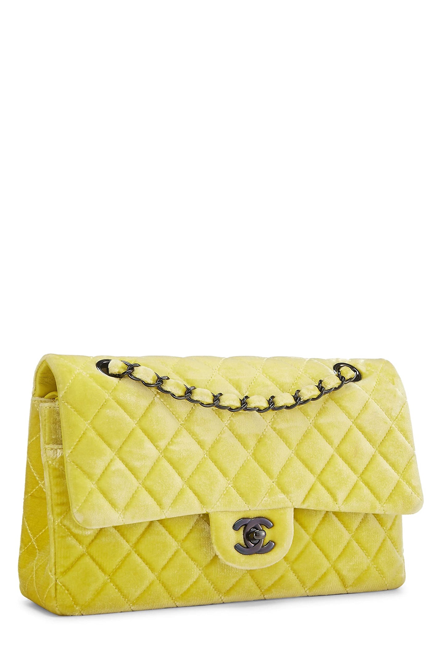 Chanel, Yellow Quilted Velvet Classic Double Flap Medium, Yellow