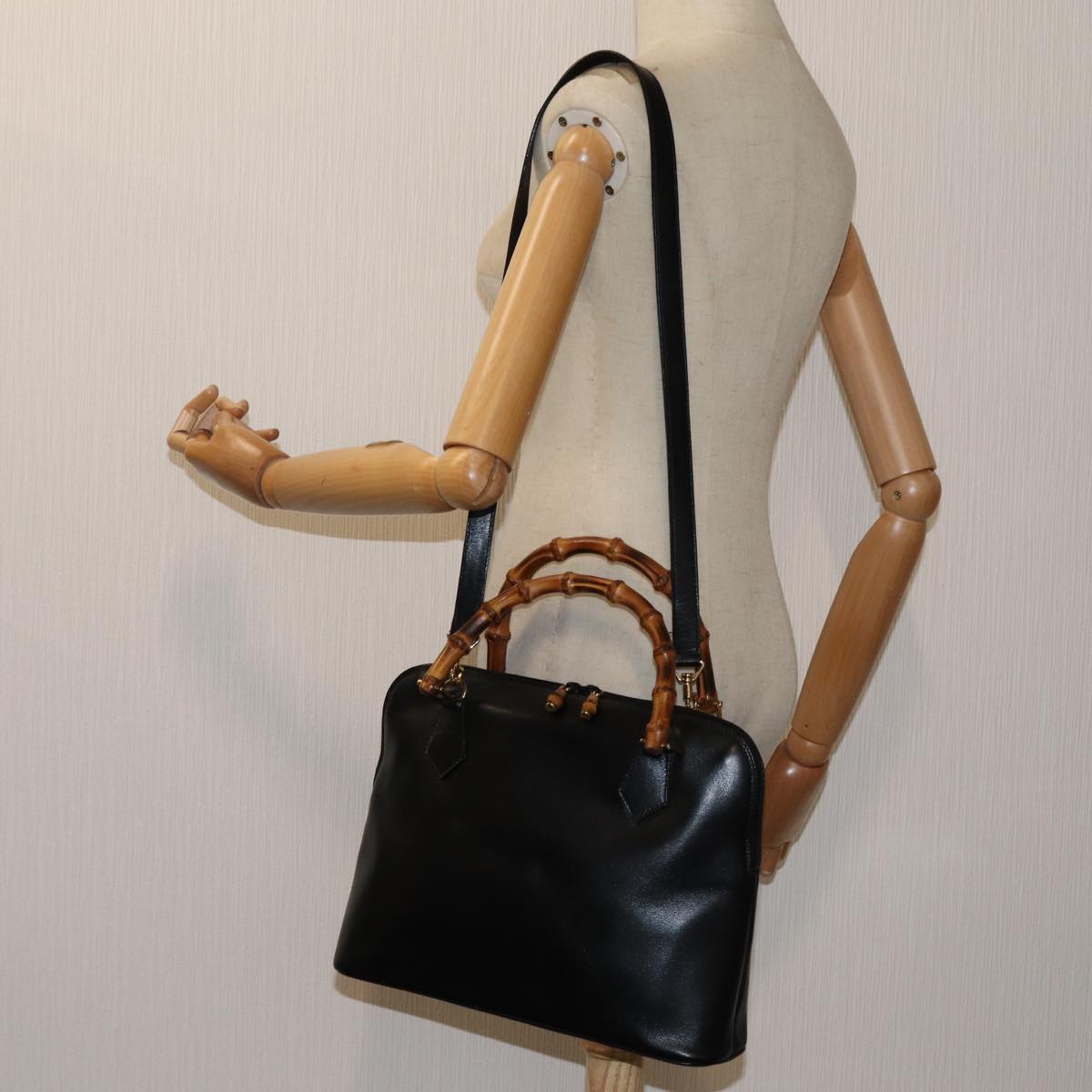 GUCCI Bamboo Hand Bag Leather 2way Black 71189