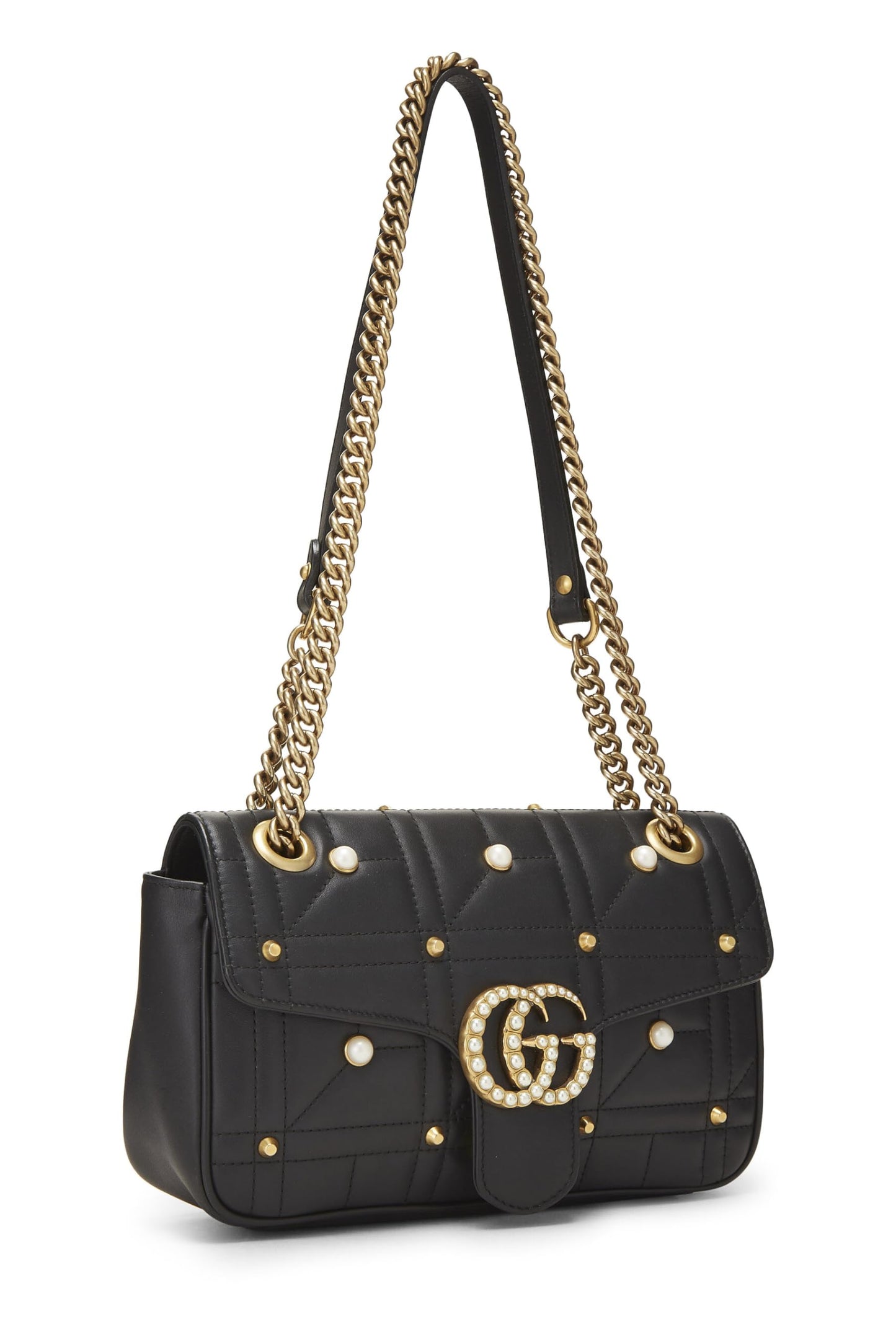 Gucci, Black Faux Pearl Matelassé Leather Marmont Shoulder Bag Small, Black