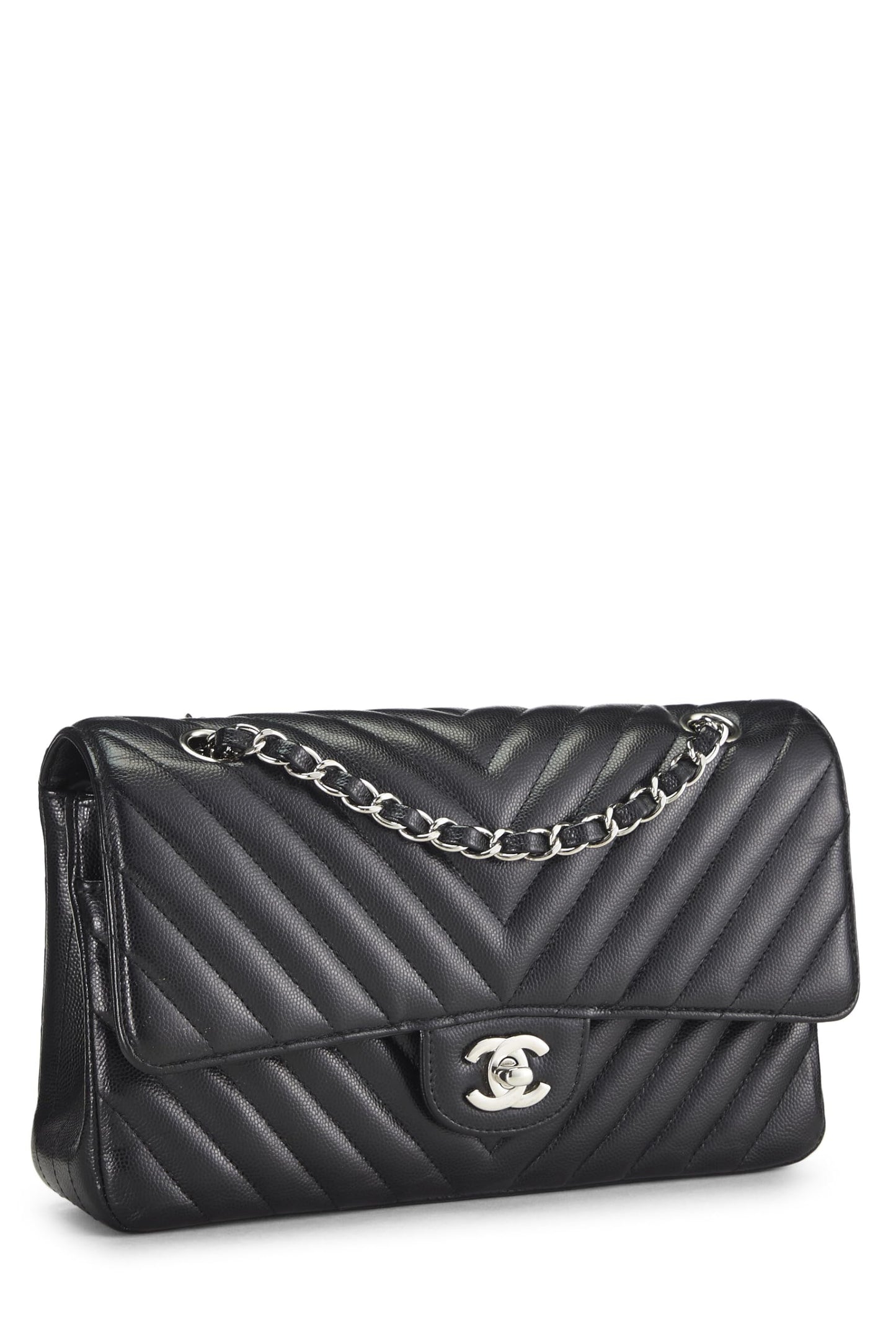 Chanel, Black Chevron Caviar Classic Double Flap Medium, Black