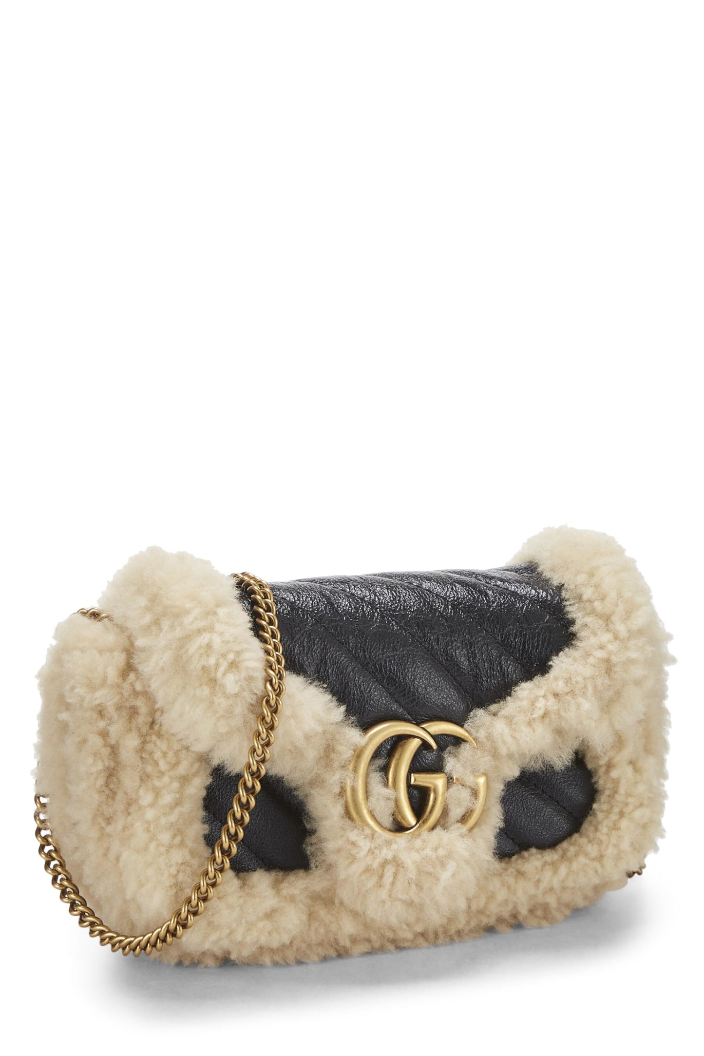 Gucci, Black Leather & Shearling GG Marmont Shoulder Bag Mini, Black