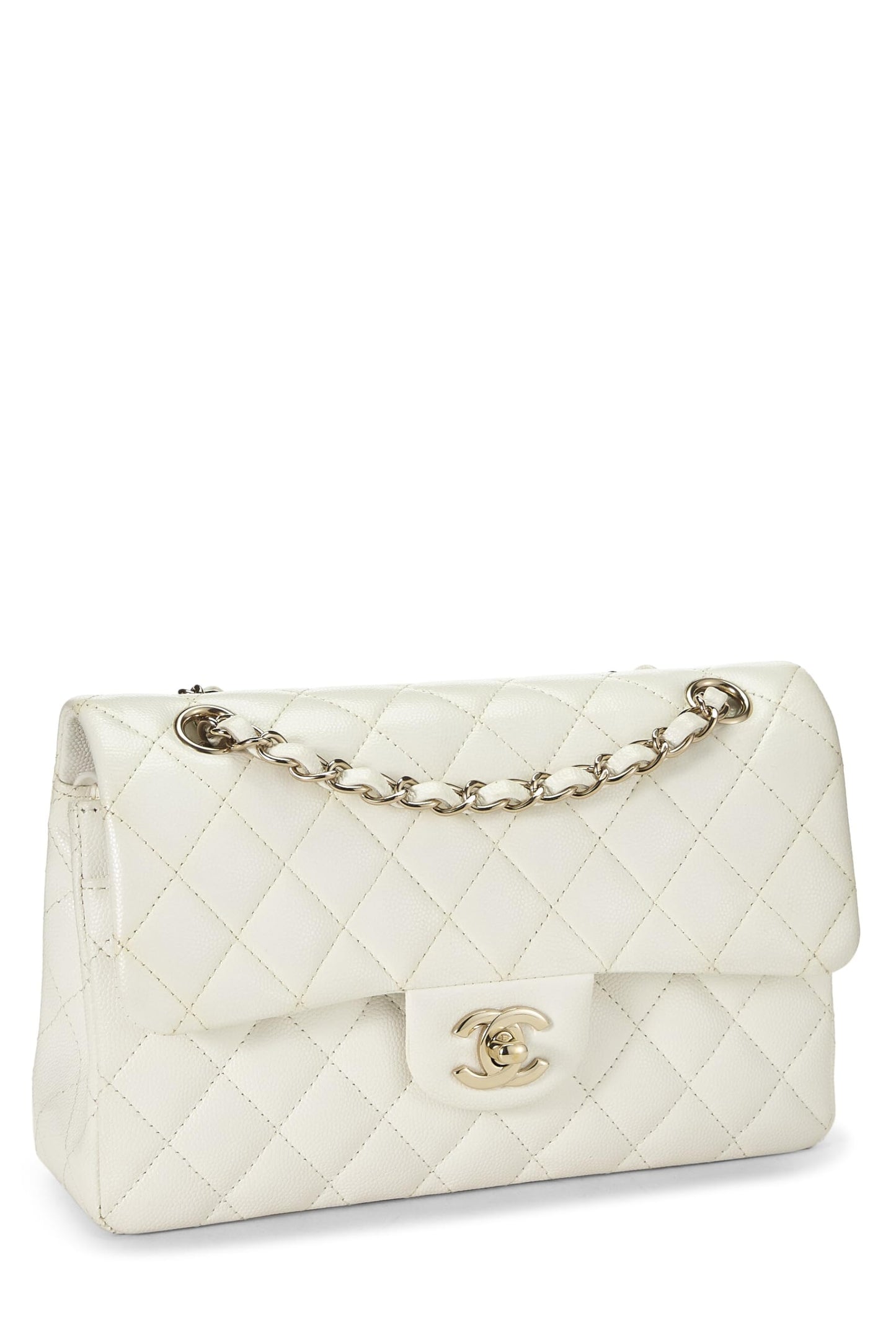 Chanel, White Quilted Caviar Classic Double Flap Small, White