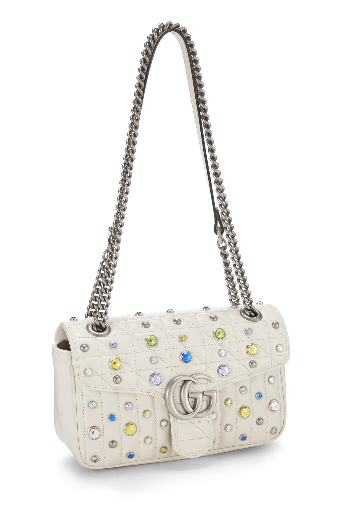 Gucci, White Leather Crystal Embellished GG Marmont Shoulder Bag, White