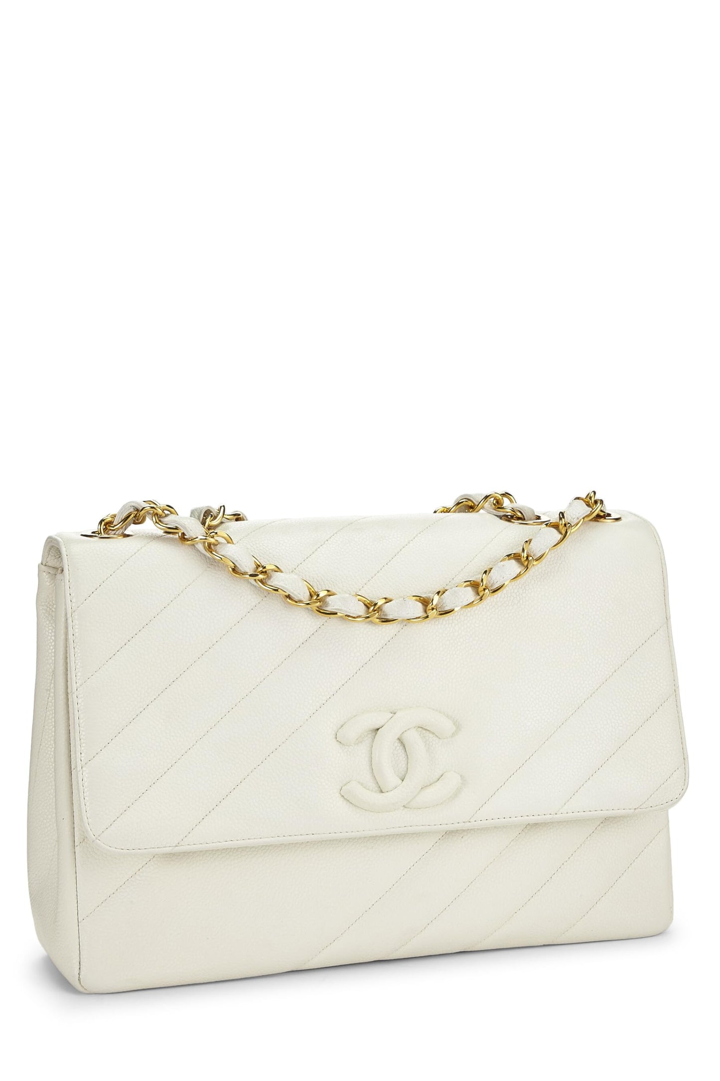 Chanel, White Caviar Diagonal Flap Jumbo, White