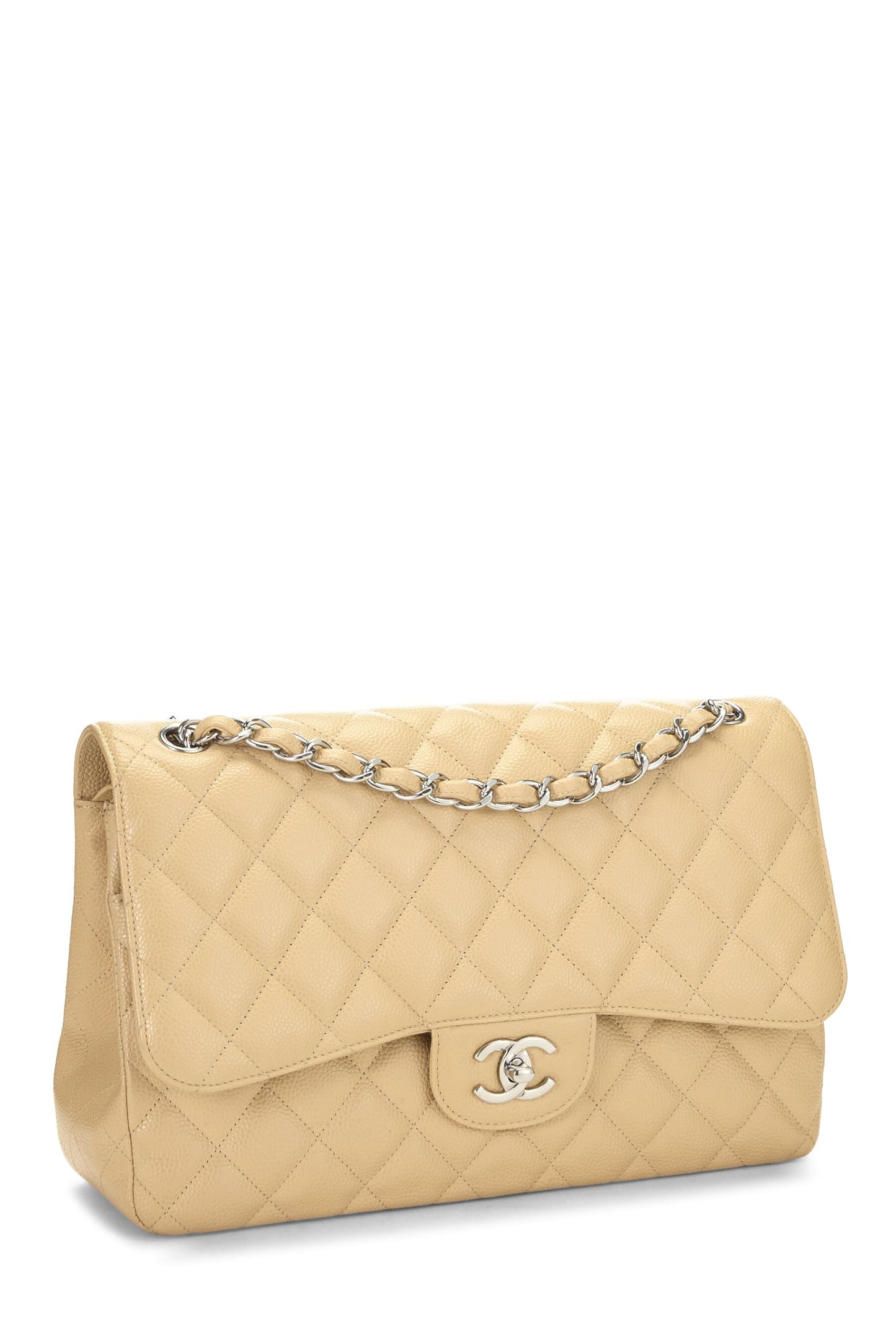 Chanel, Beige Quilted Caviar New Classic Double Flap Jumbo, Beige