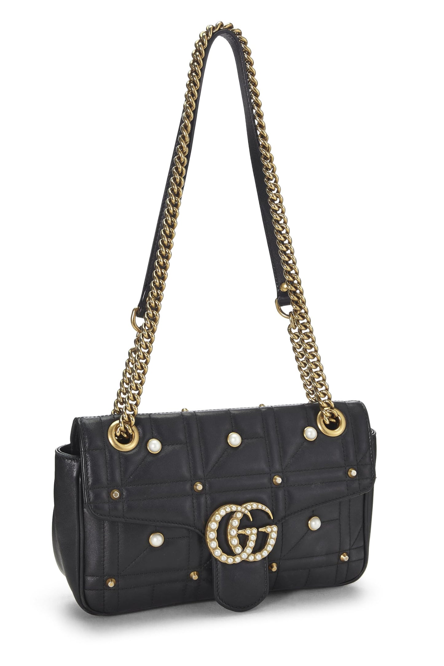 Gucci, Black Leather & Faux Pearl GG Marmont Shoulder Bag Small, Black
