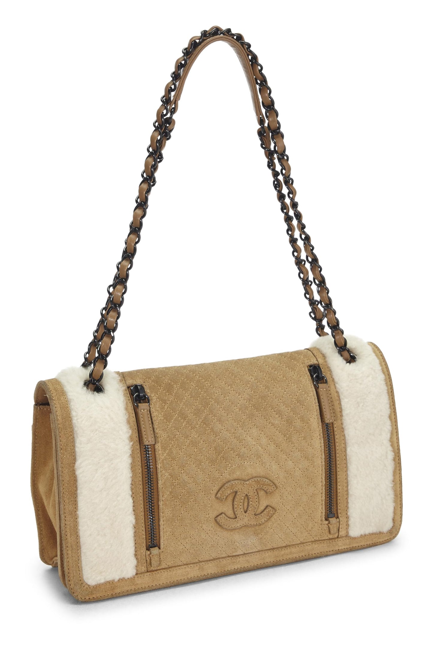Chanel, Brown Suede & Shearling Full Flap Bag Medium, Brown