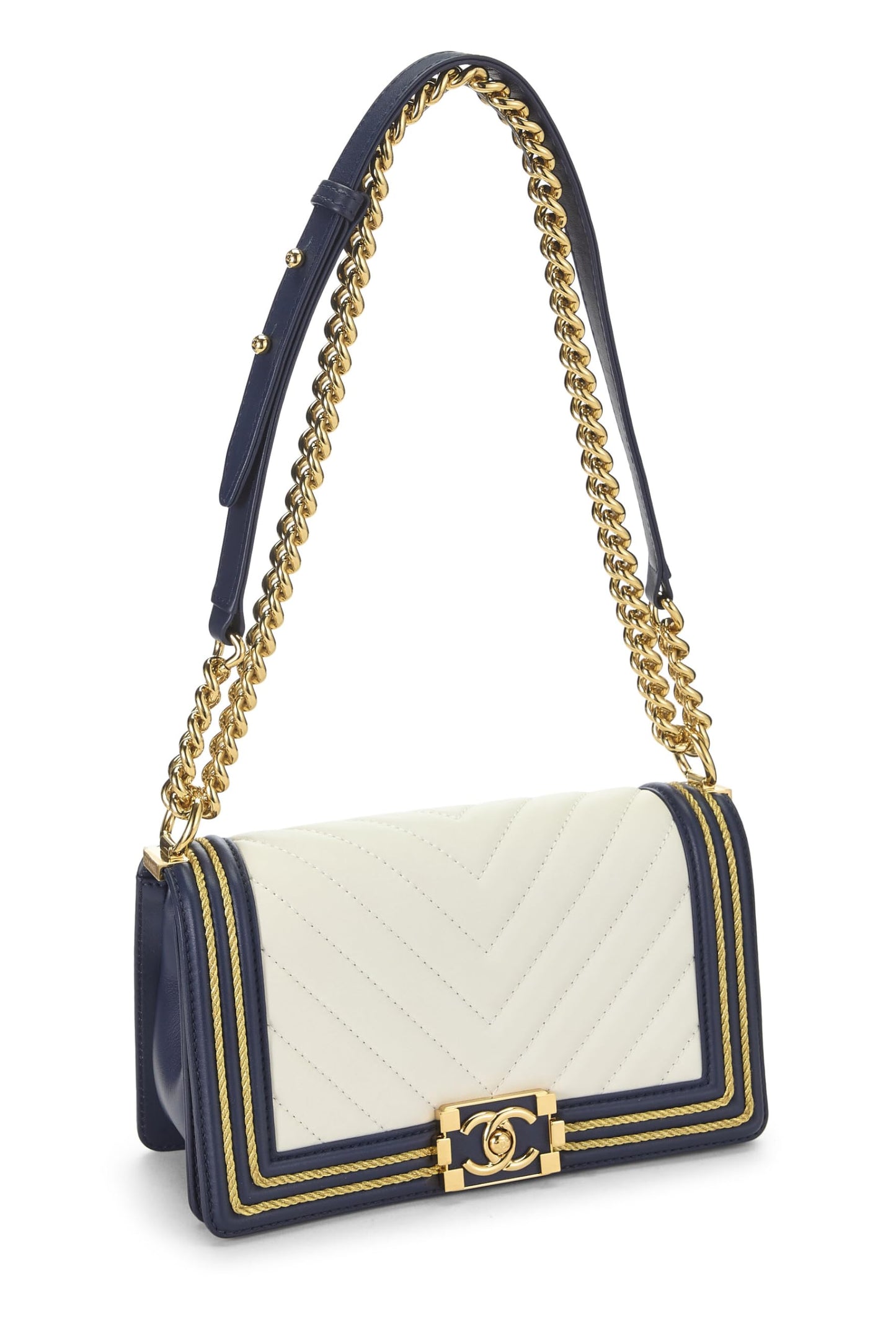 Chanel, Navy Chevron Calfskin Border Boy Bag Medium, Navy