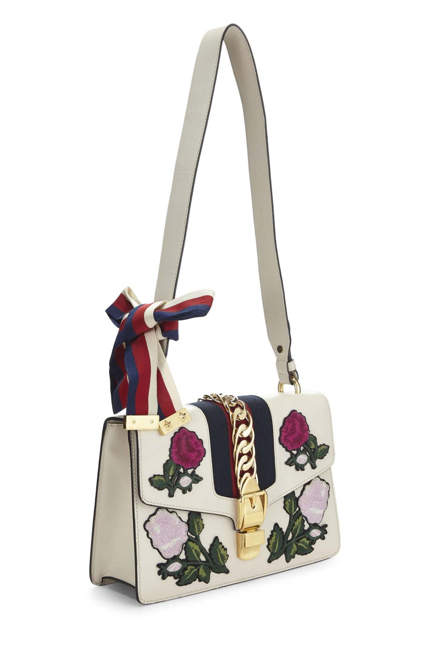 Gucci, White Leather Embroidered Sylvie Shoulder Bag Small, White