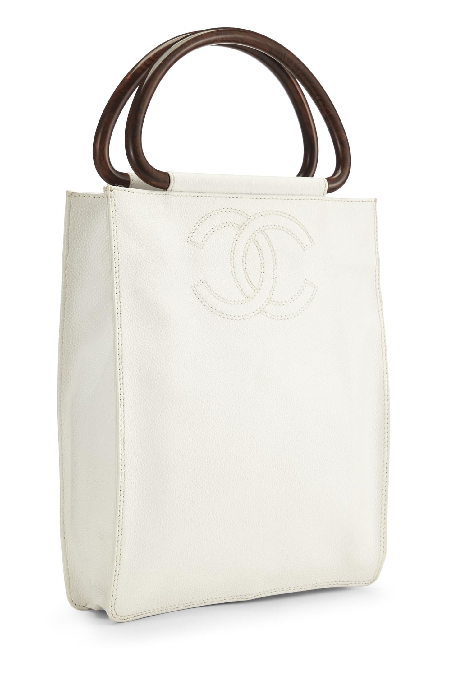 Chanel, White Caviar Wooden Top Handle Bag, White