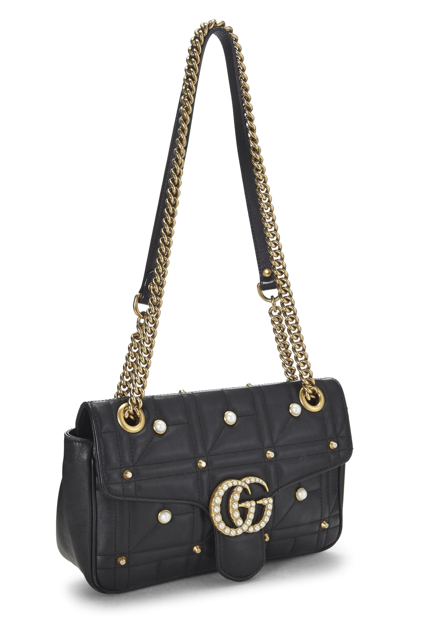 Gucci, Black Leather & Faux Pearl GG Marmont Shoulder Bag Small, Black