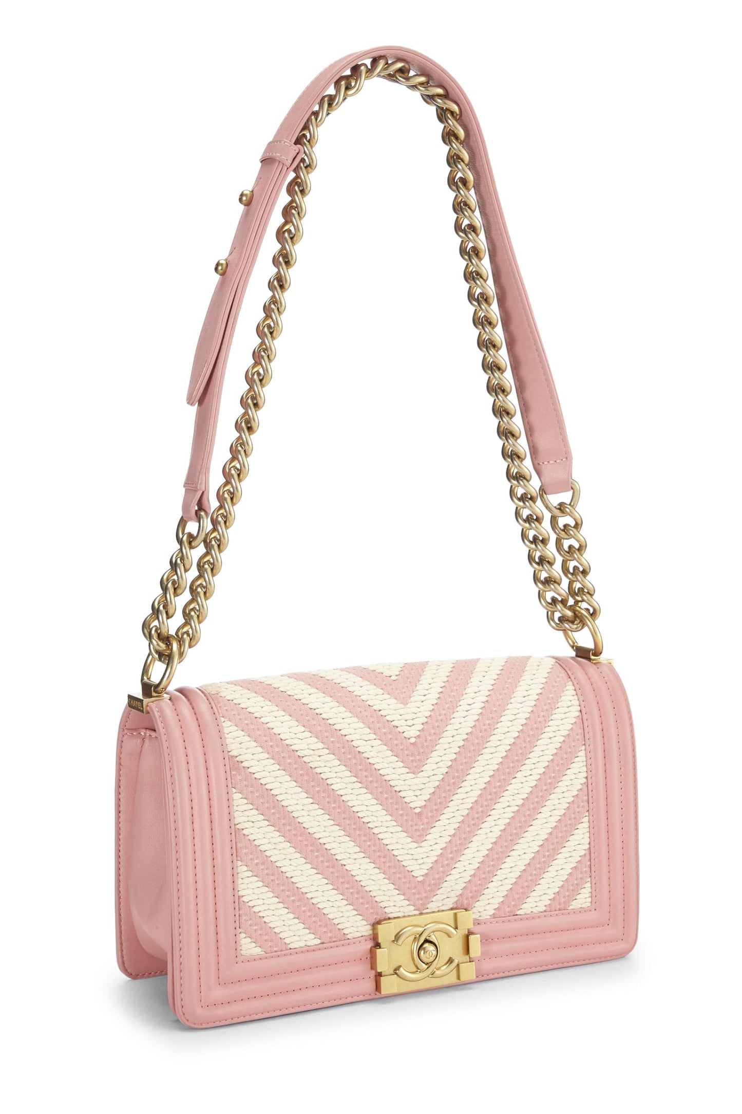 Chanel, Pink & White Woven Chevron Boy Bag Medium, Pink