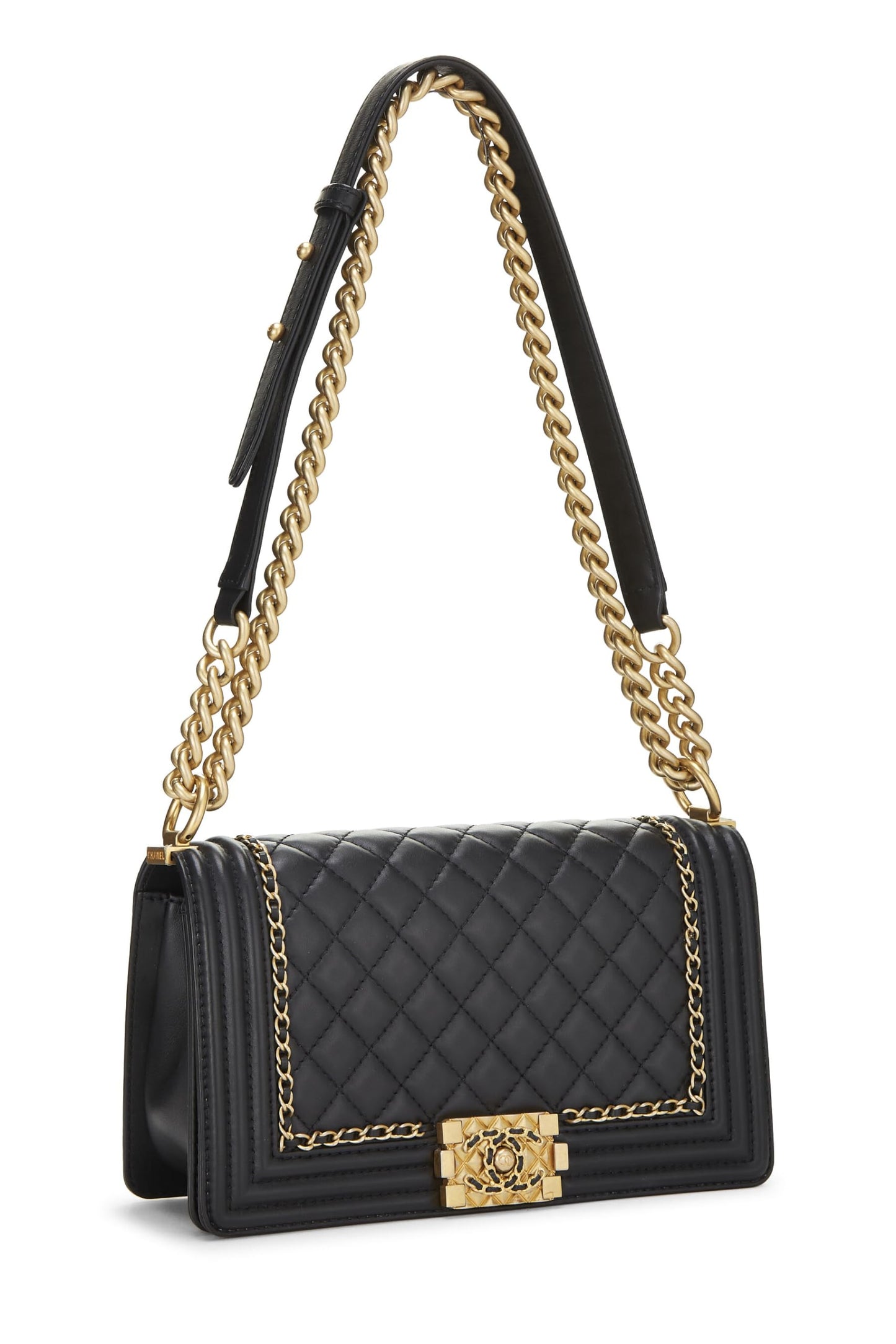 Chanel, Black Quilted Lambskin Chain Around Boy Bag Medium, Black