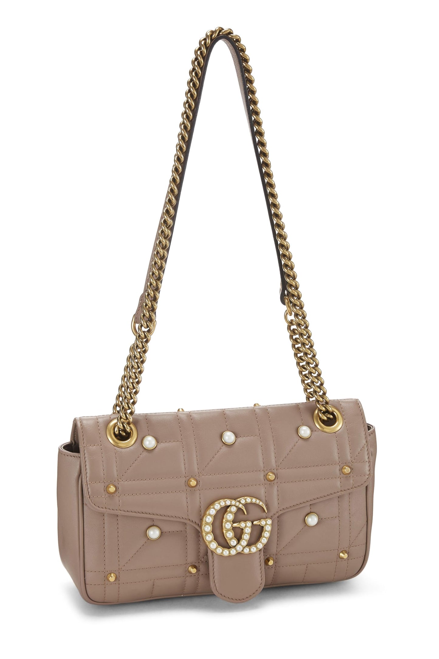 Gucci, Beige Leather & Faux Pearl GG Marmont Shoulder Bag Small, Beige