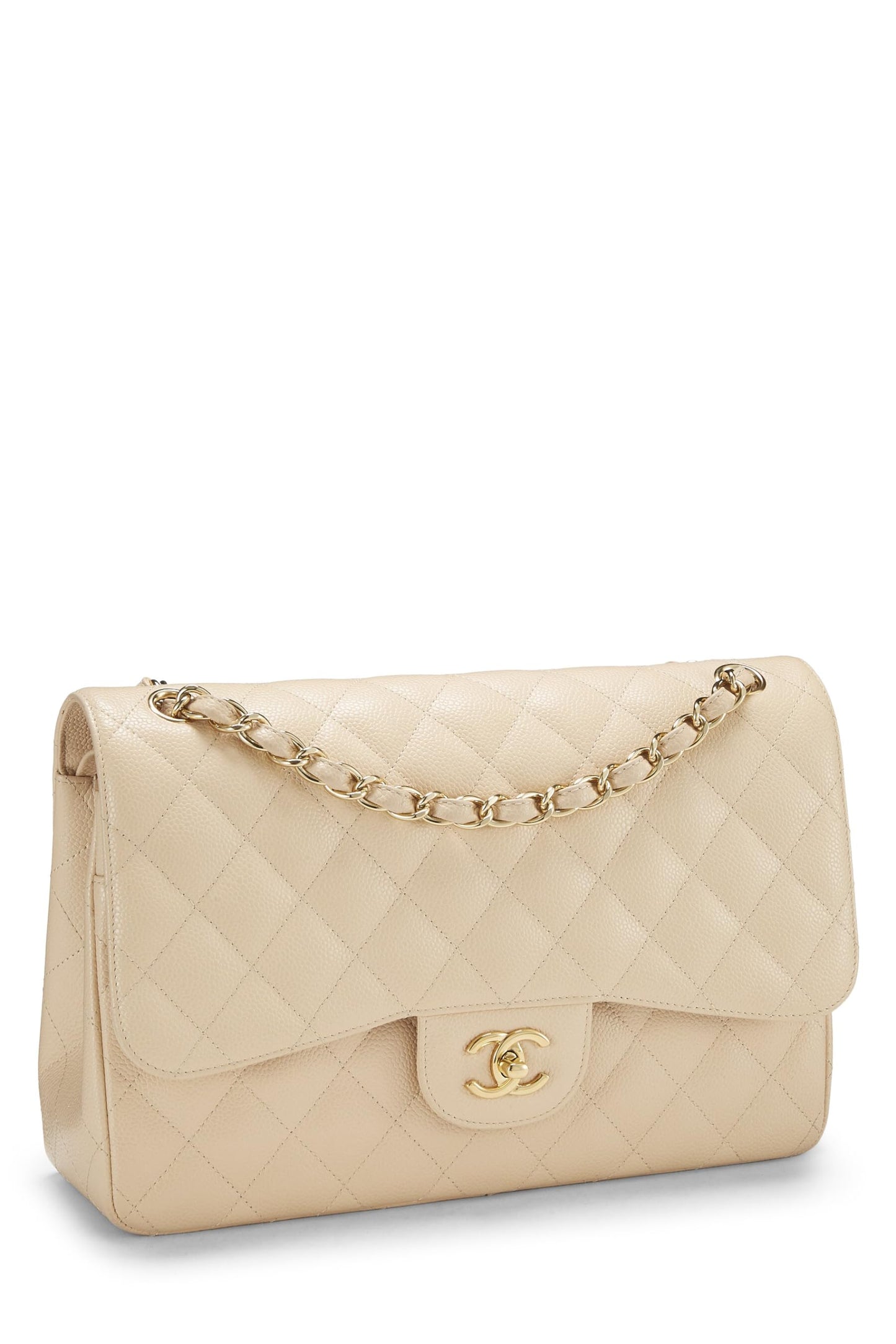 Chanel, Beige Quilted Caviar New Classic Double Flap Jumbo, Beige