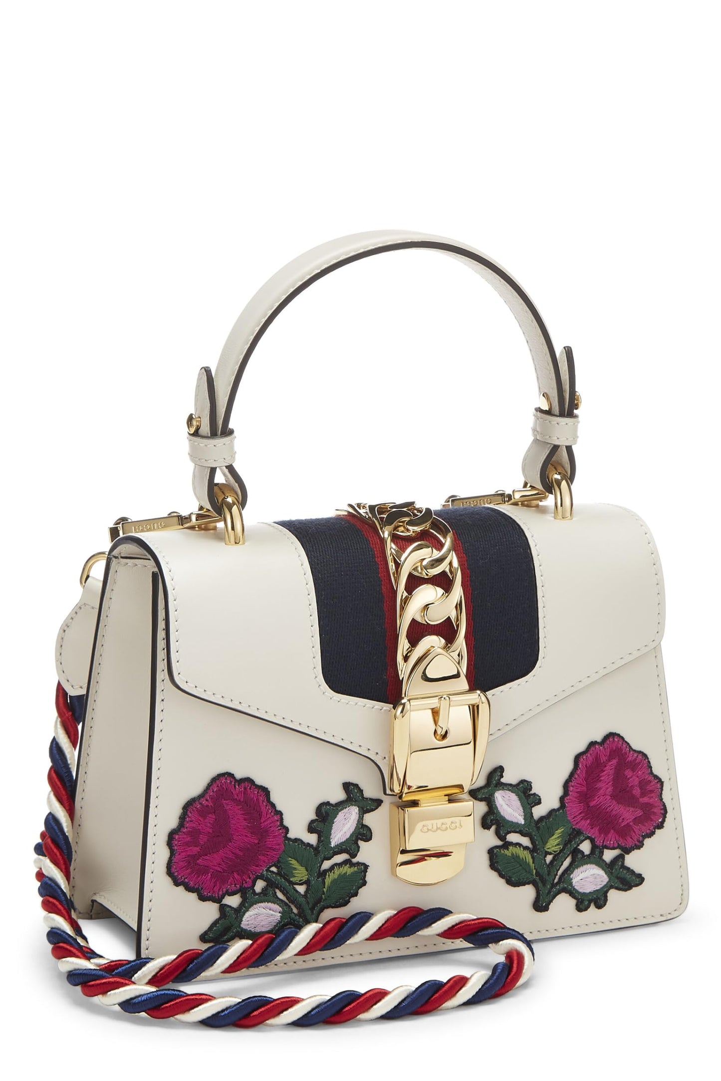 Gucci, White Embroidered Leather Web Sylvie, White