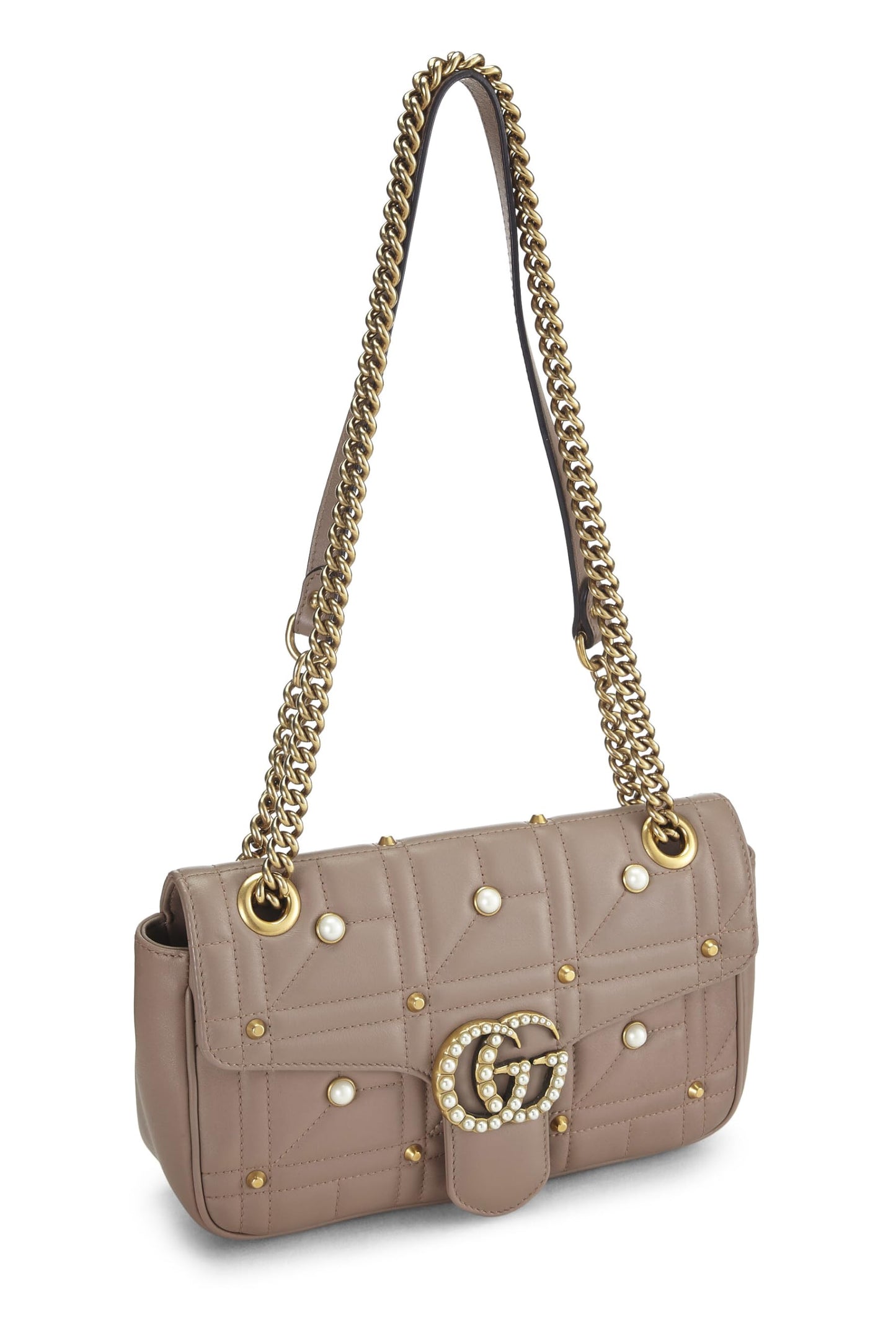 Gucci, Pink Leather & Faux Pearl GG Marmont Shoulder Bag Small, Beige