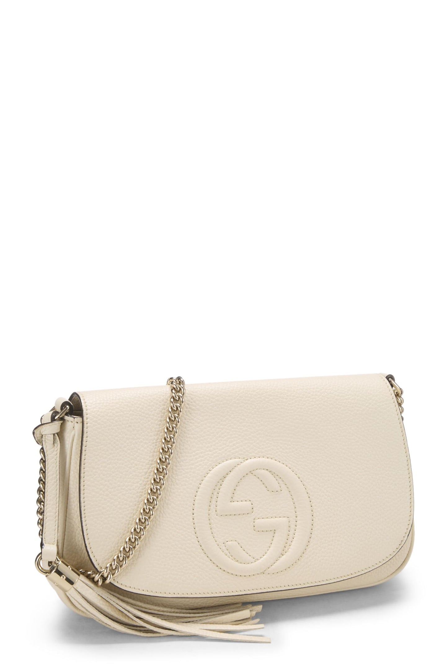 Gucci, White Grained Leather Soho Chain Flap Crossbody, White