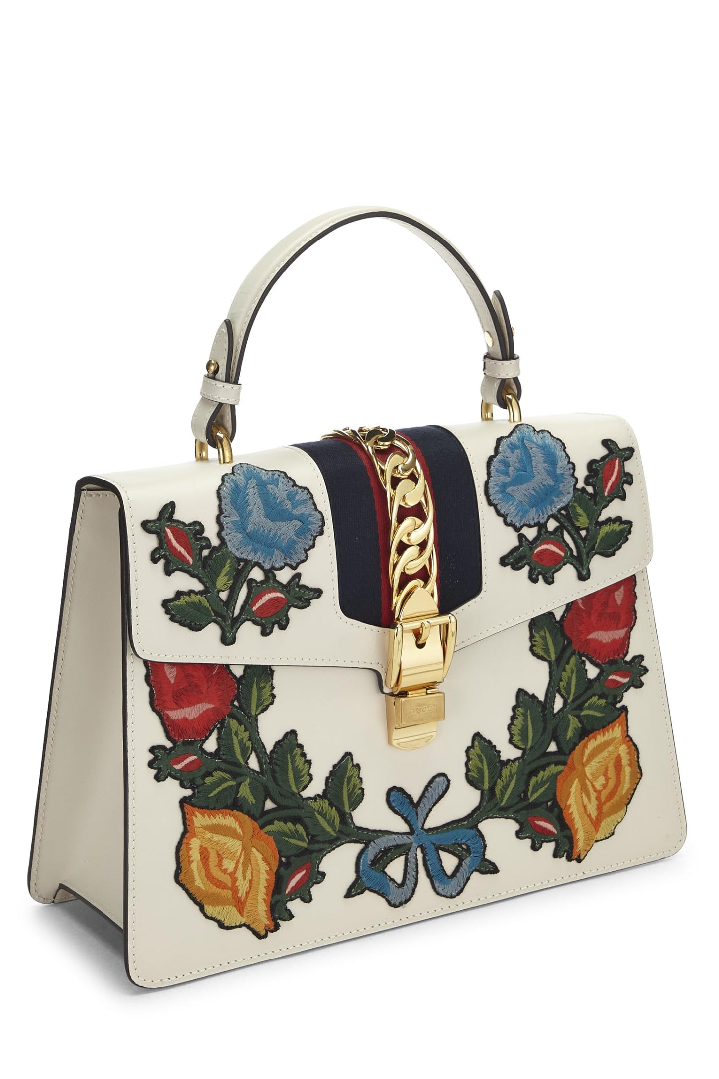 Gucci, White Floral Embroidered Leather Sylvie Medium, White