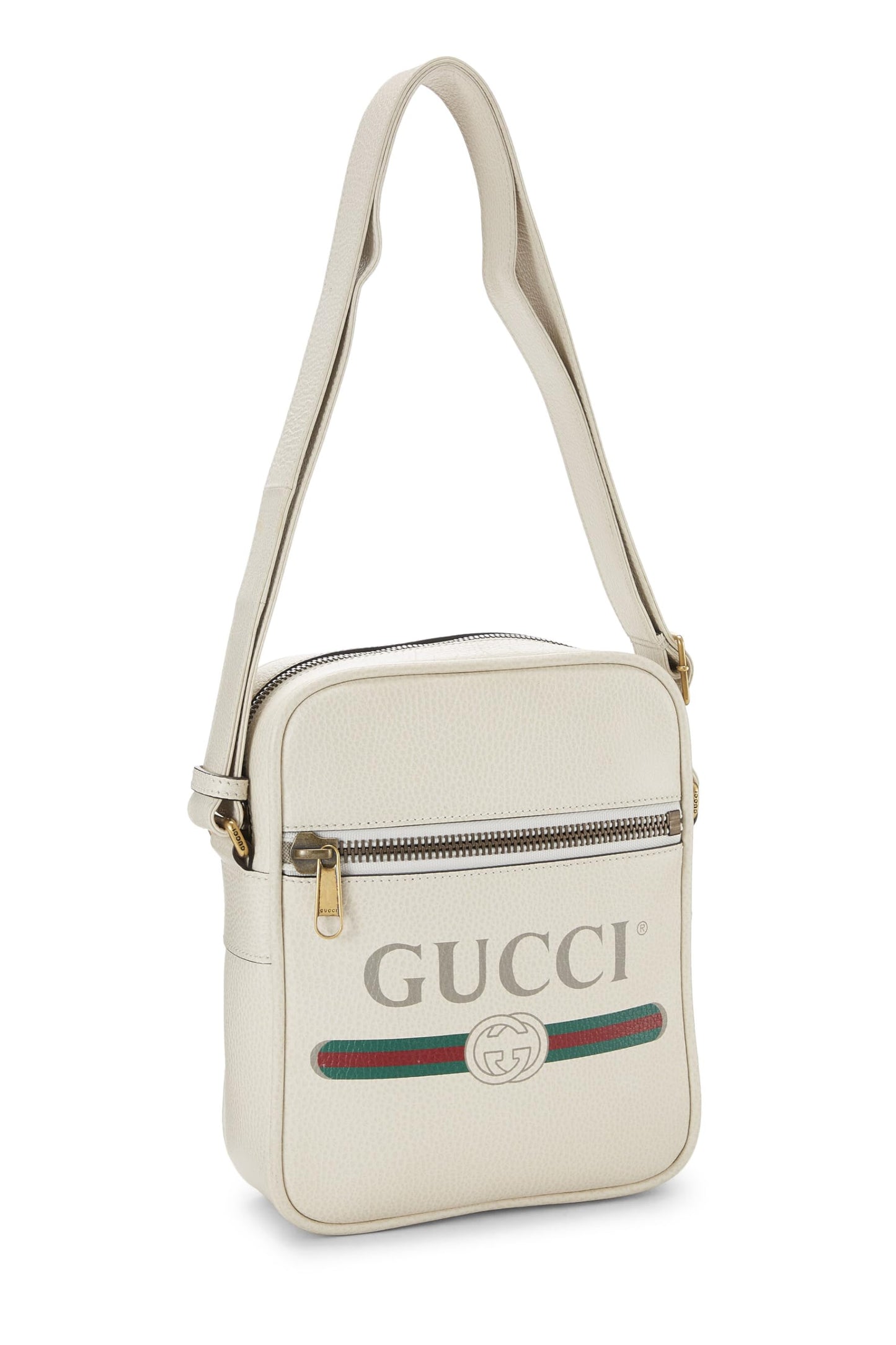 Gucci, White Logo Print Leather Vertical Camera Bag Small, White