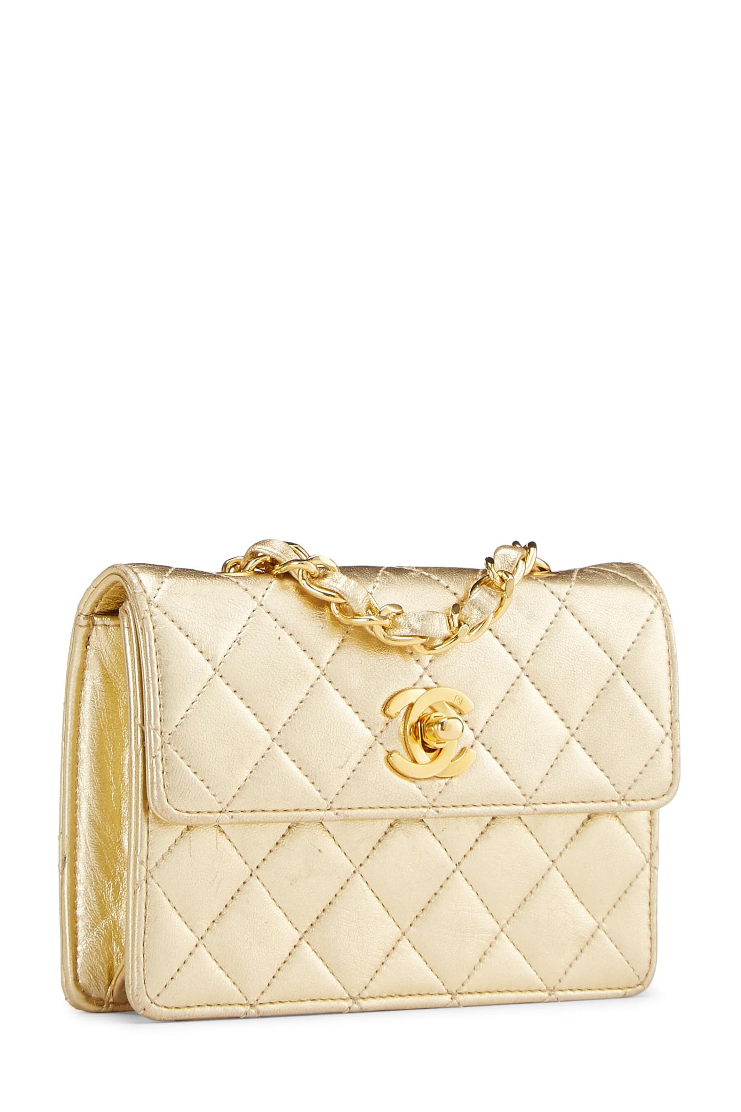 Chanel, Metallic Gold Quilted Lambskin Half Flap Micro, Gold