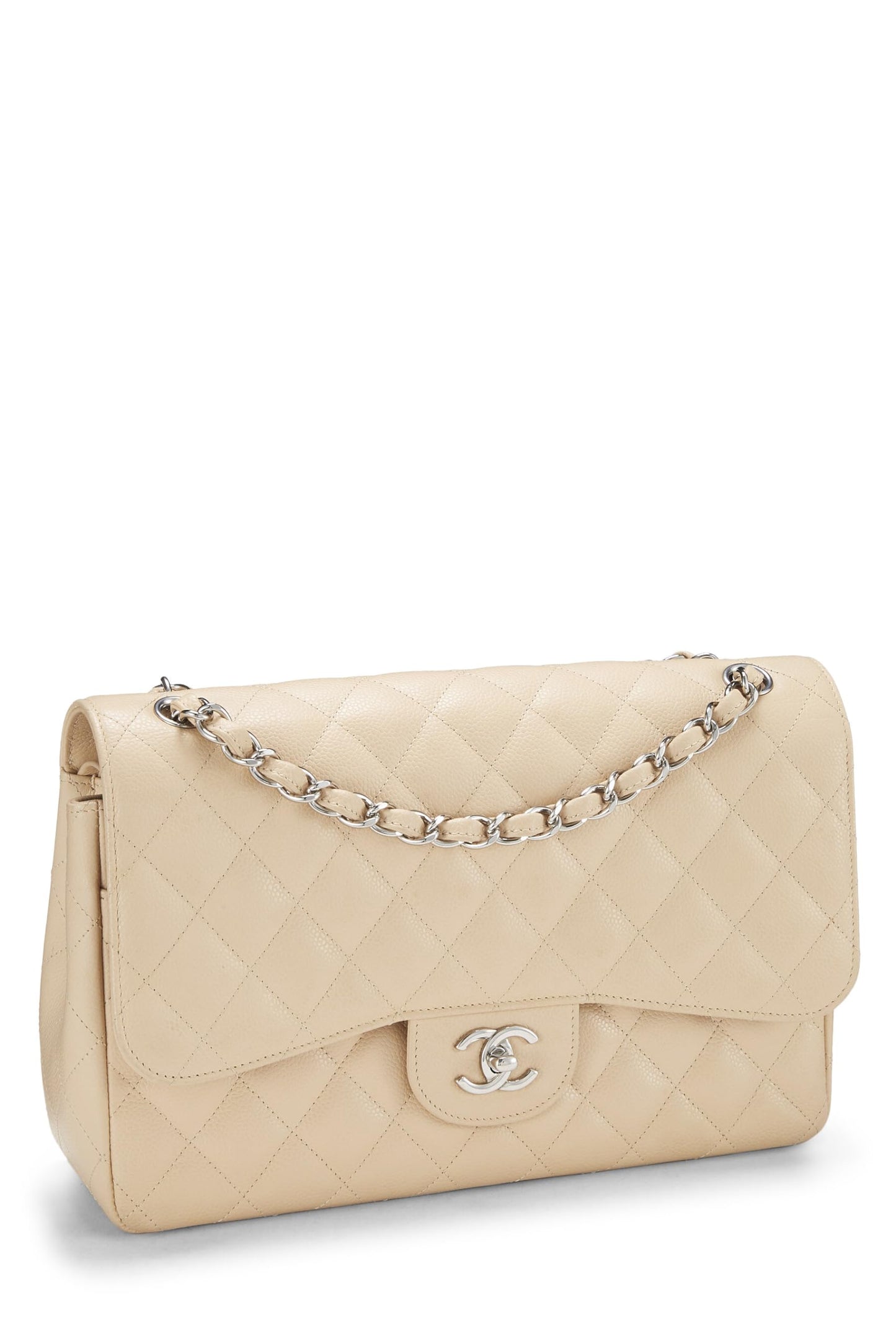Chanel, Beige Quilted Caviar New Classic Double Flap Jumbo, Beige