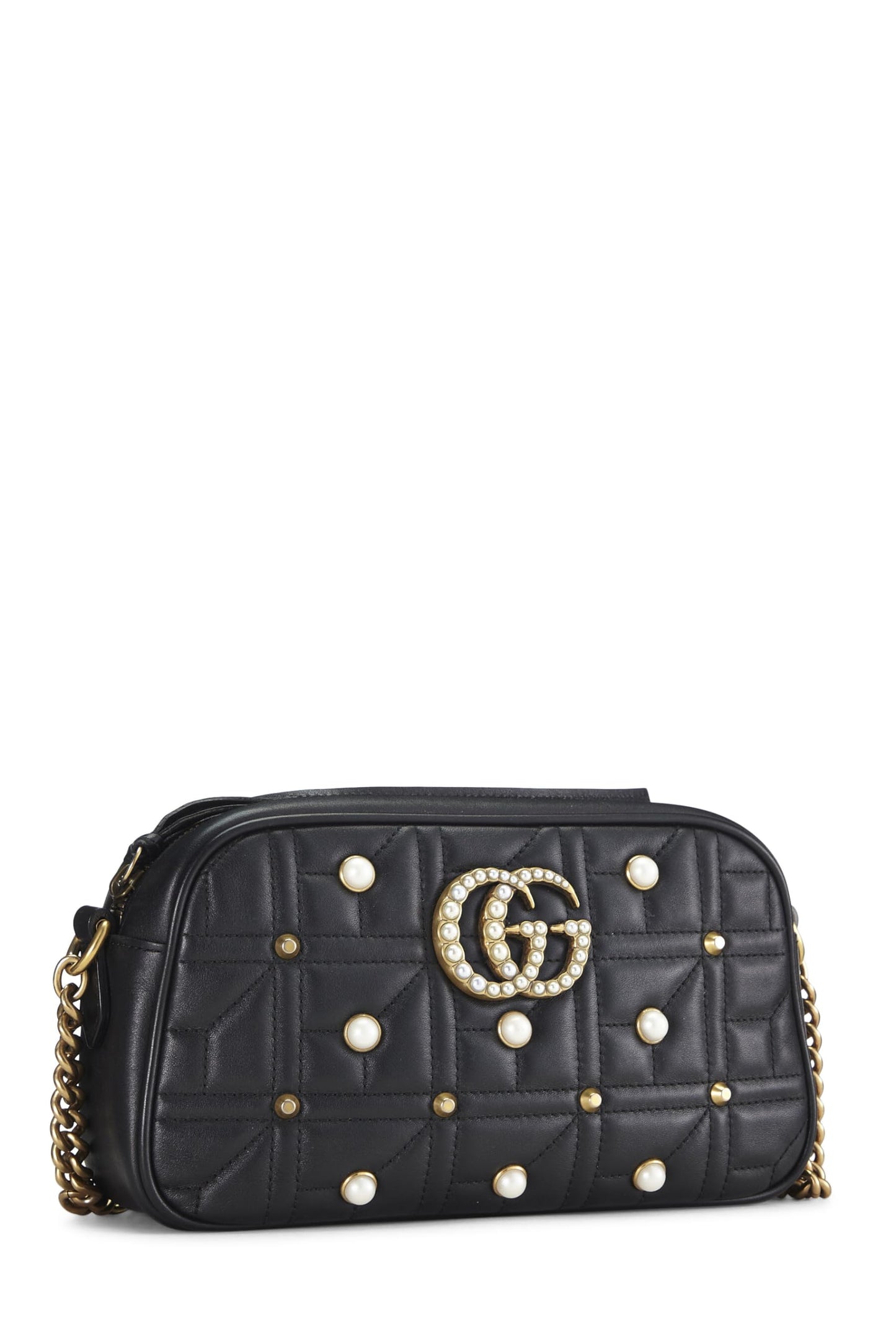Gucci, Black Leather & Faux Pearl GG Marmont Crossbody Small, Black