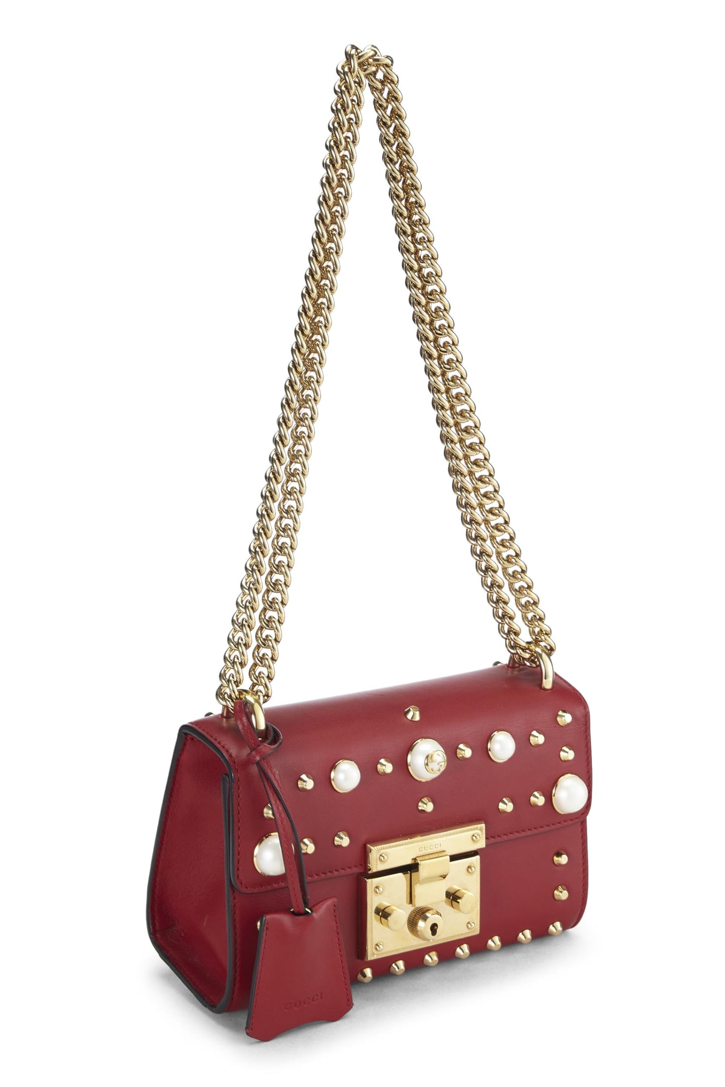 Gucci, Red Leather Stud & Faux Pearl Padlock Shoulder Bag, Red