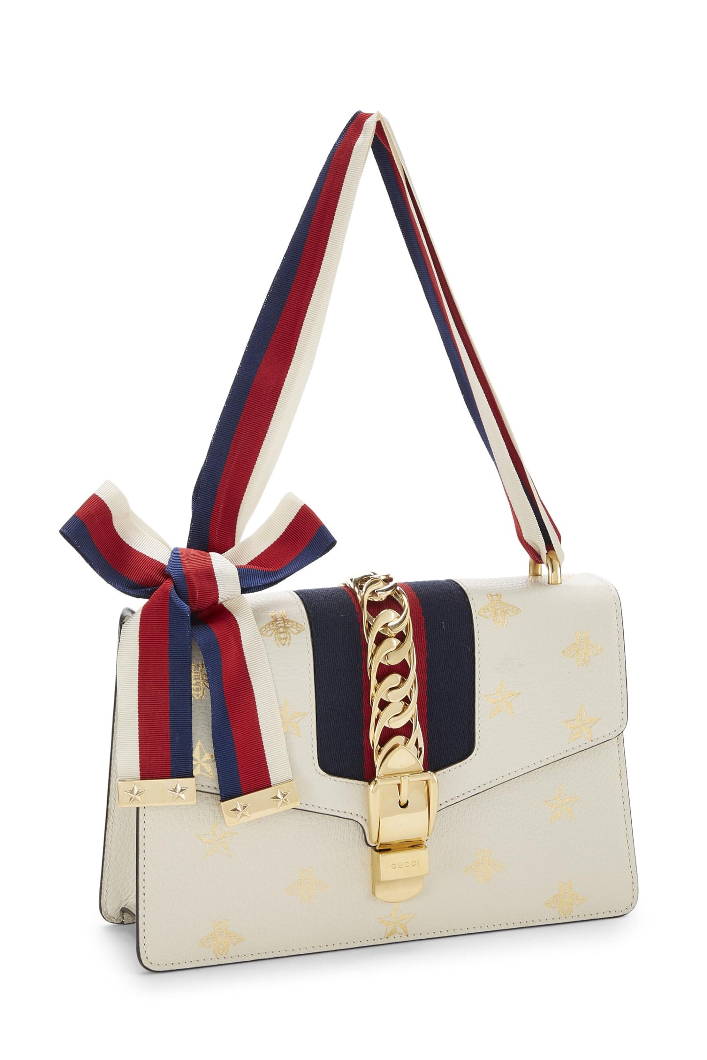 Gucci, Cream Bee & Star Leather Sylvie Shoulder Bag Small, White