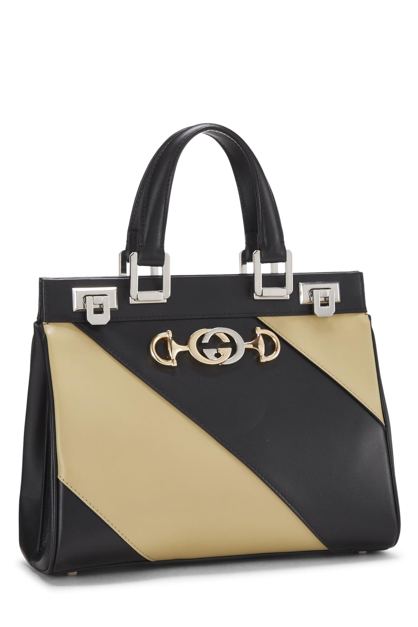 Gucci, Black & Beige Leather Zumi Top Handle Bag Small, Multi