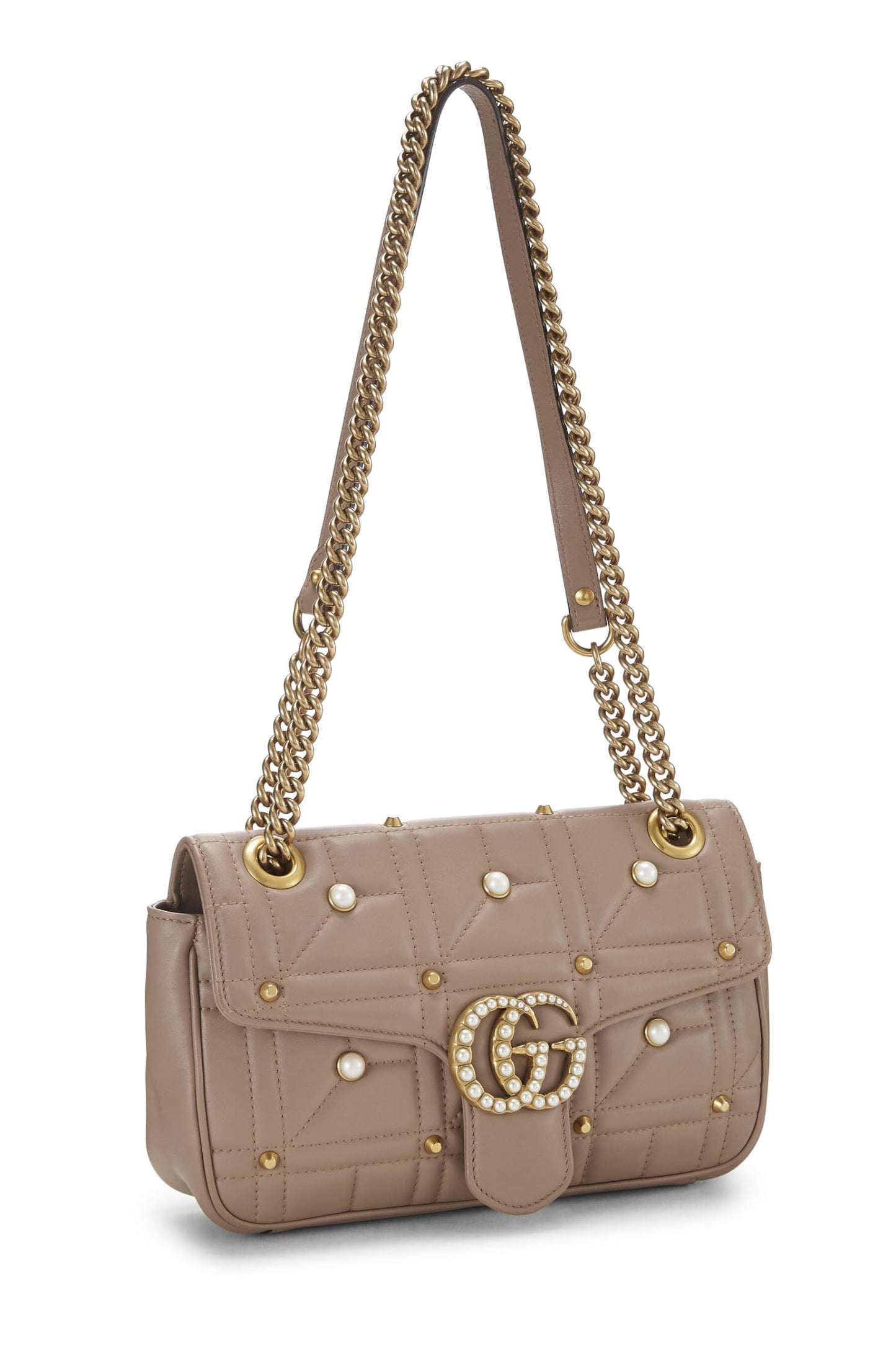Gucci, Pink Leather & Faux Pearl GG Marmont Shoulder Bag Small, Beige