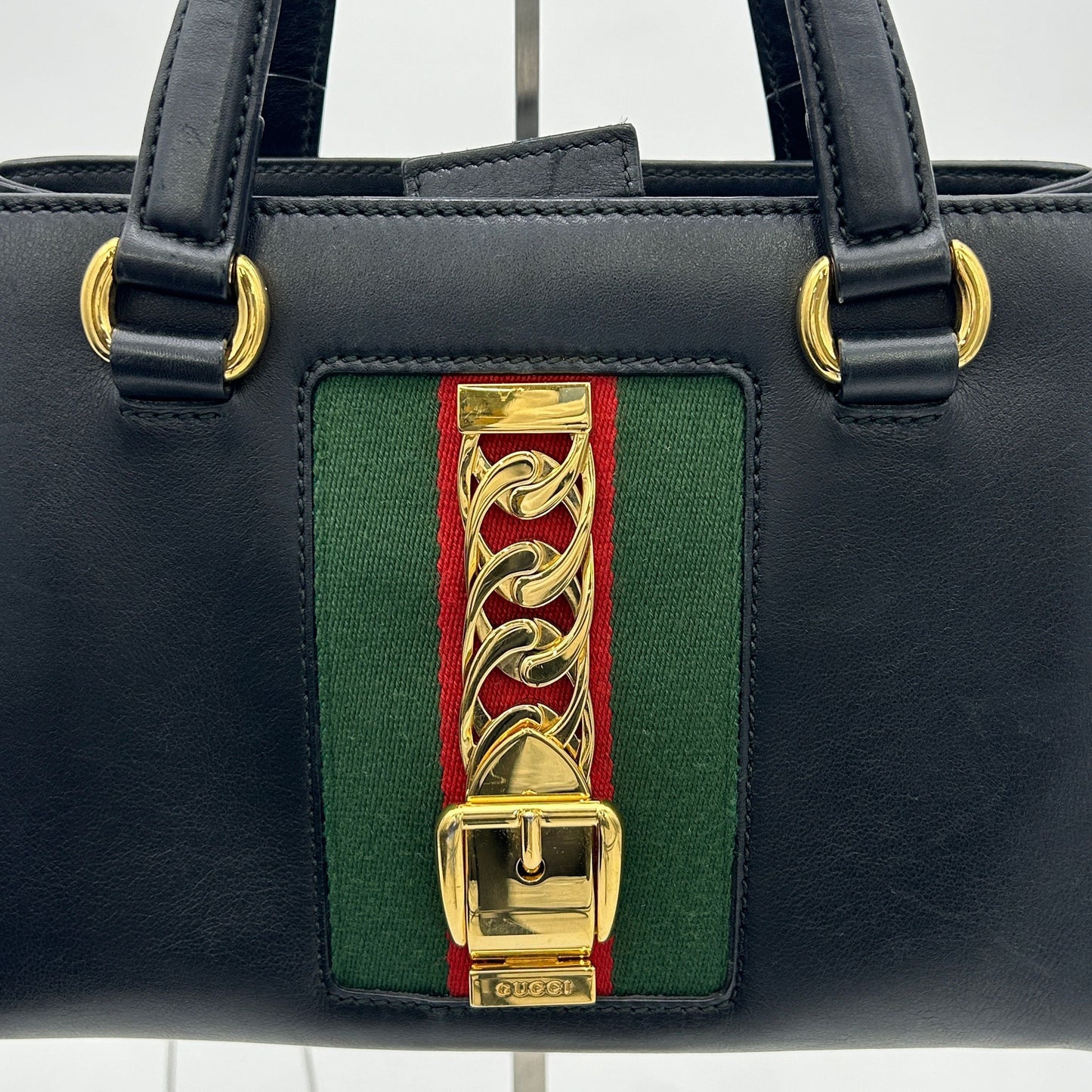 GUCCI Sylvie Handbag Leather Black Plain for Women LA25981