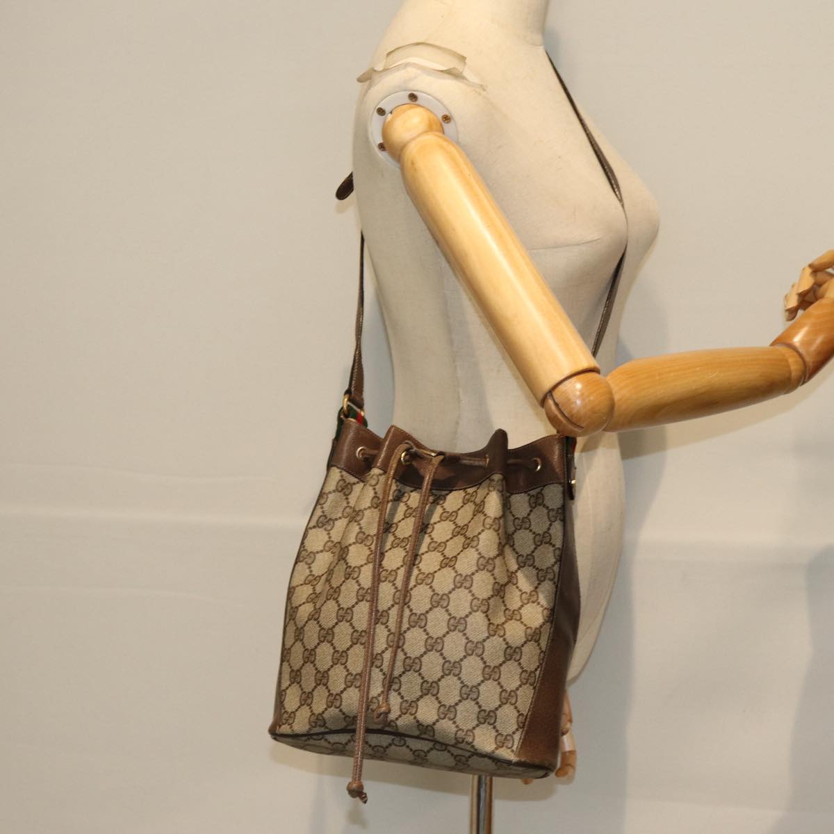 GUCCI GG Supreme Web Sherry Line Shoulder Bag PVC Beige 14 02 034 73361