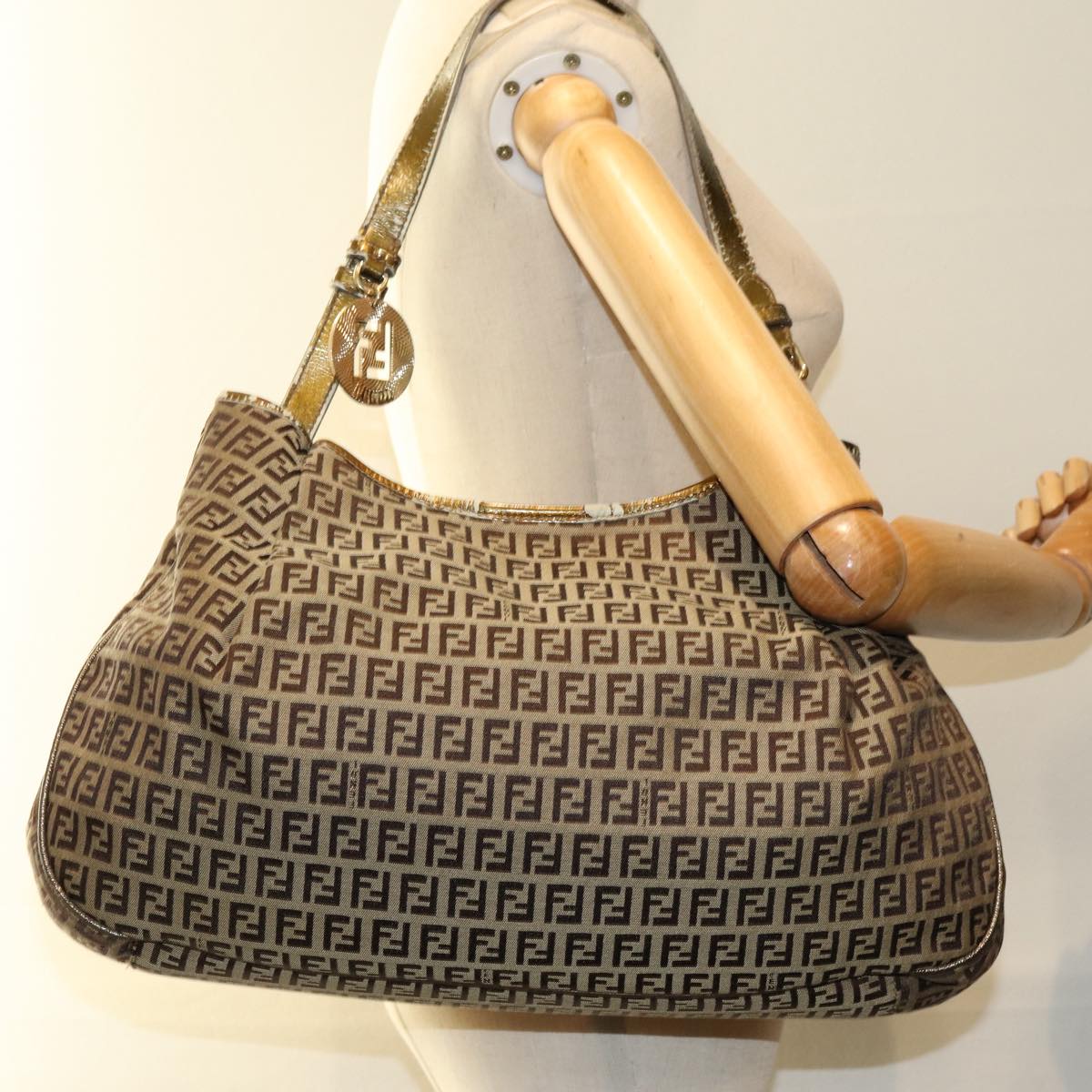 FENDI Zucchino Canvas Shoulder Bag Beige 75429