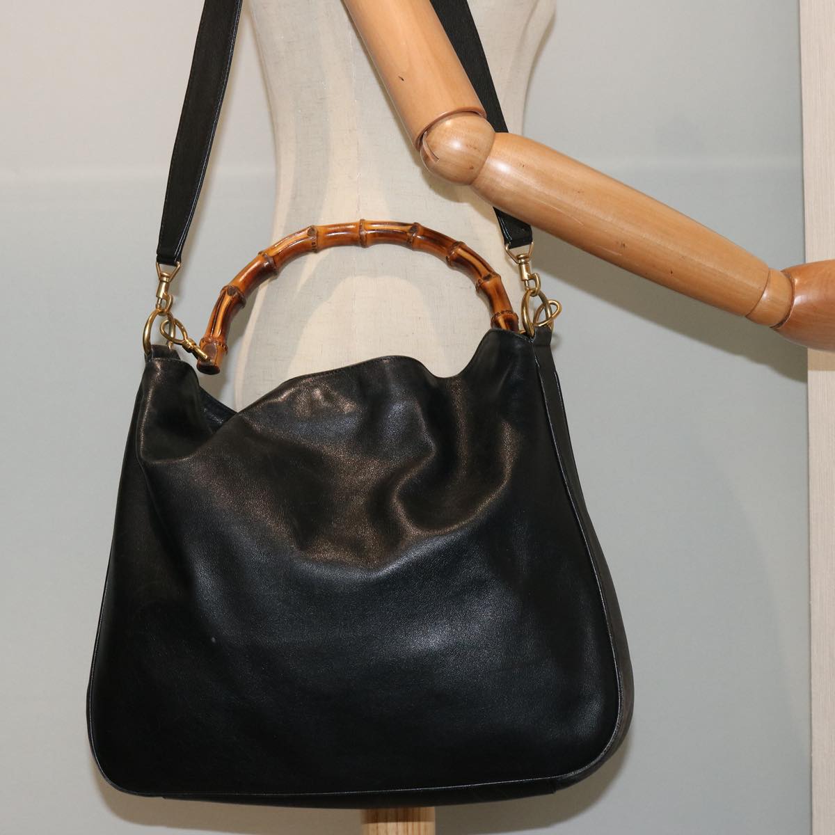 GUCCI Bamboo Hand Bag Leather 2way Black 001 2404 1577 75509