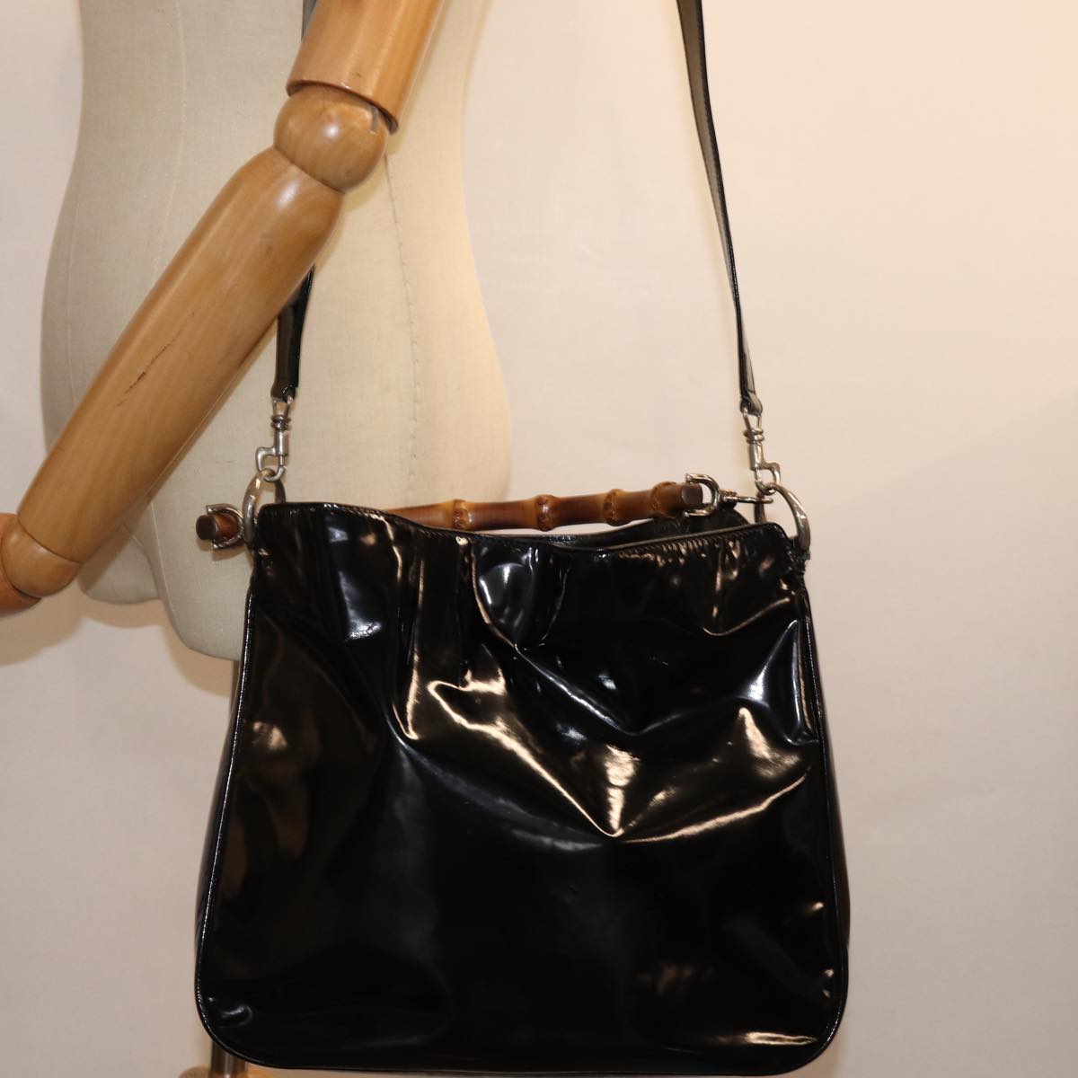 GUCCI Bamboo Shoulder Bag Patent leather 2way Black 001 2113 1638 75605