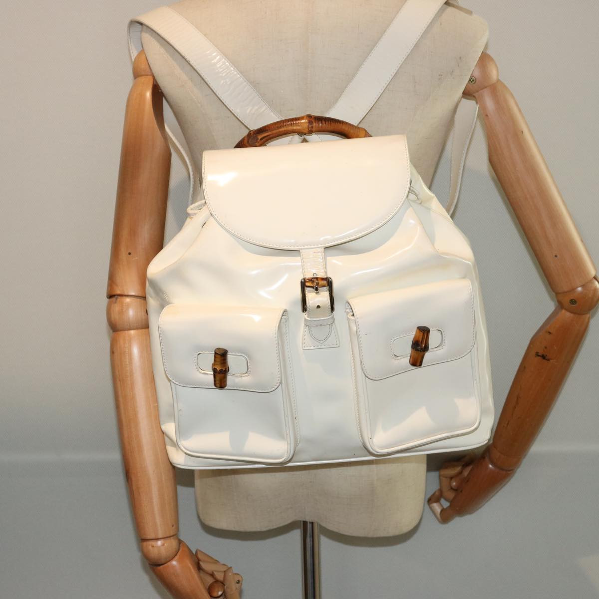 GUCCI Bamboo Backpack Patent leather White 003 2058 0016 5 75834