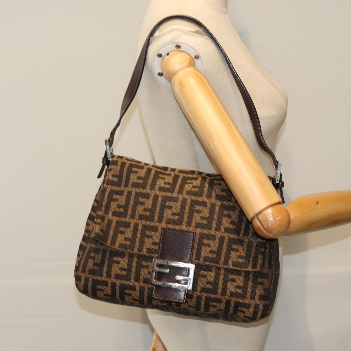 FENDI Zucca Canvas Mamma Baguette Shoulder Bag Black Brown 76009