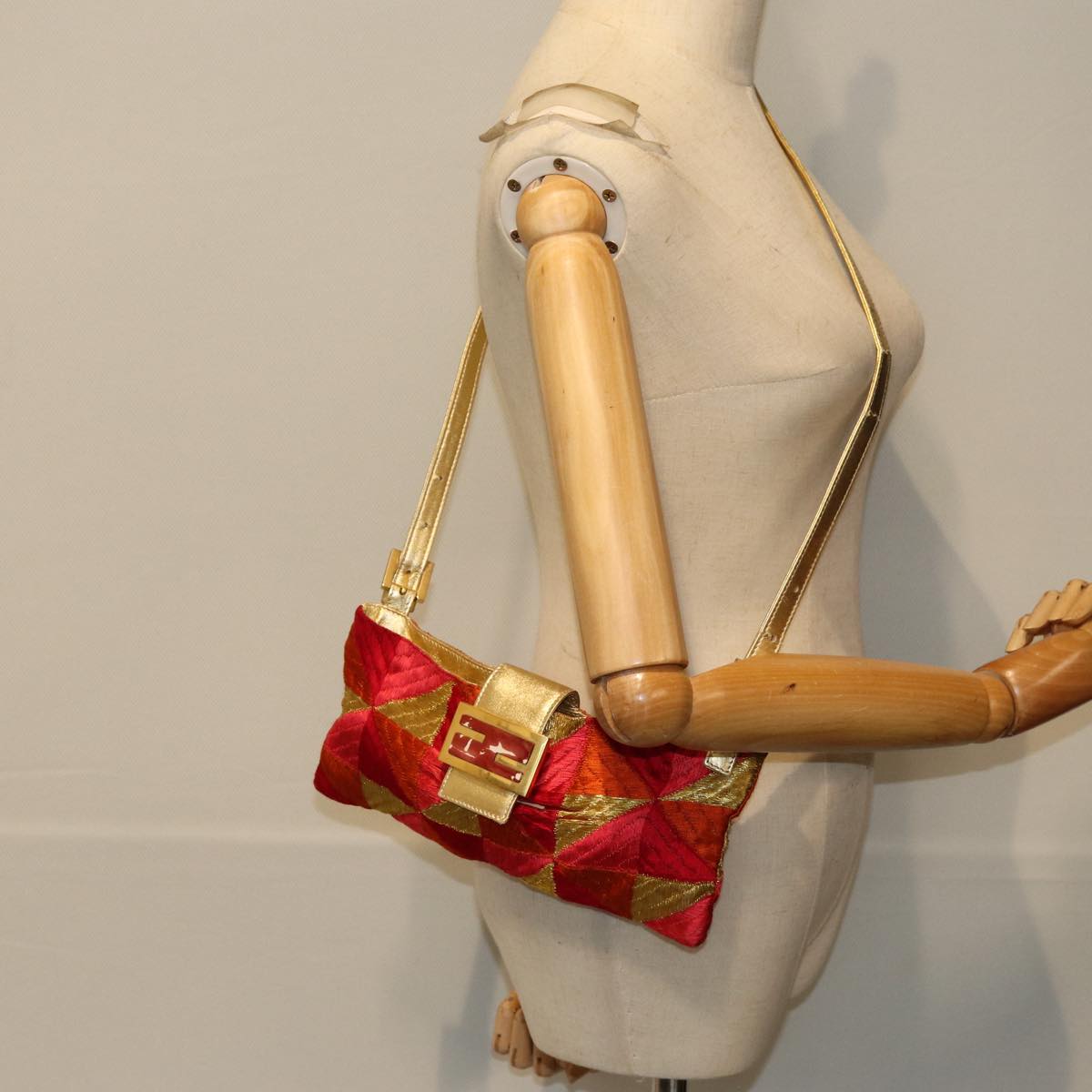 FENDI Mamma Baguette Shoulder Bag Canvas Red 76103
