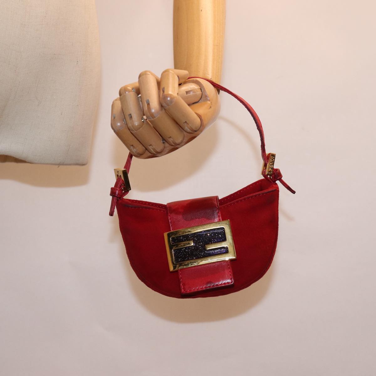 FENDI Mini Croissant Hand Bag Suede Red 77631