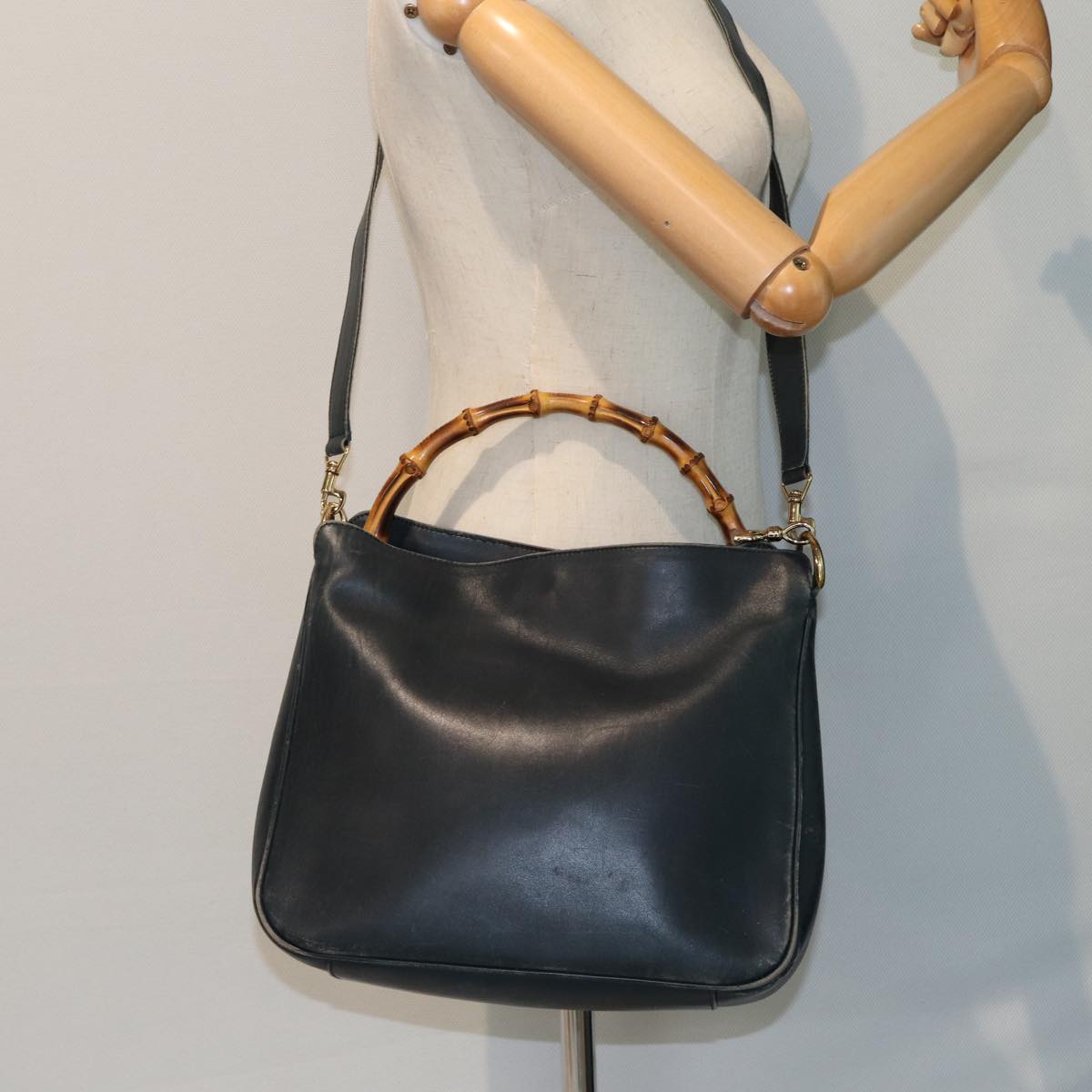 GUCCI Bamboo Hand Bag Leather Outlet 2way Navy 001 8638 79571