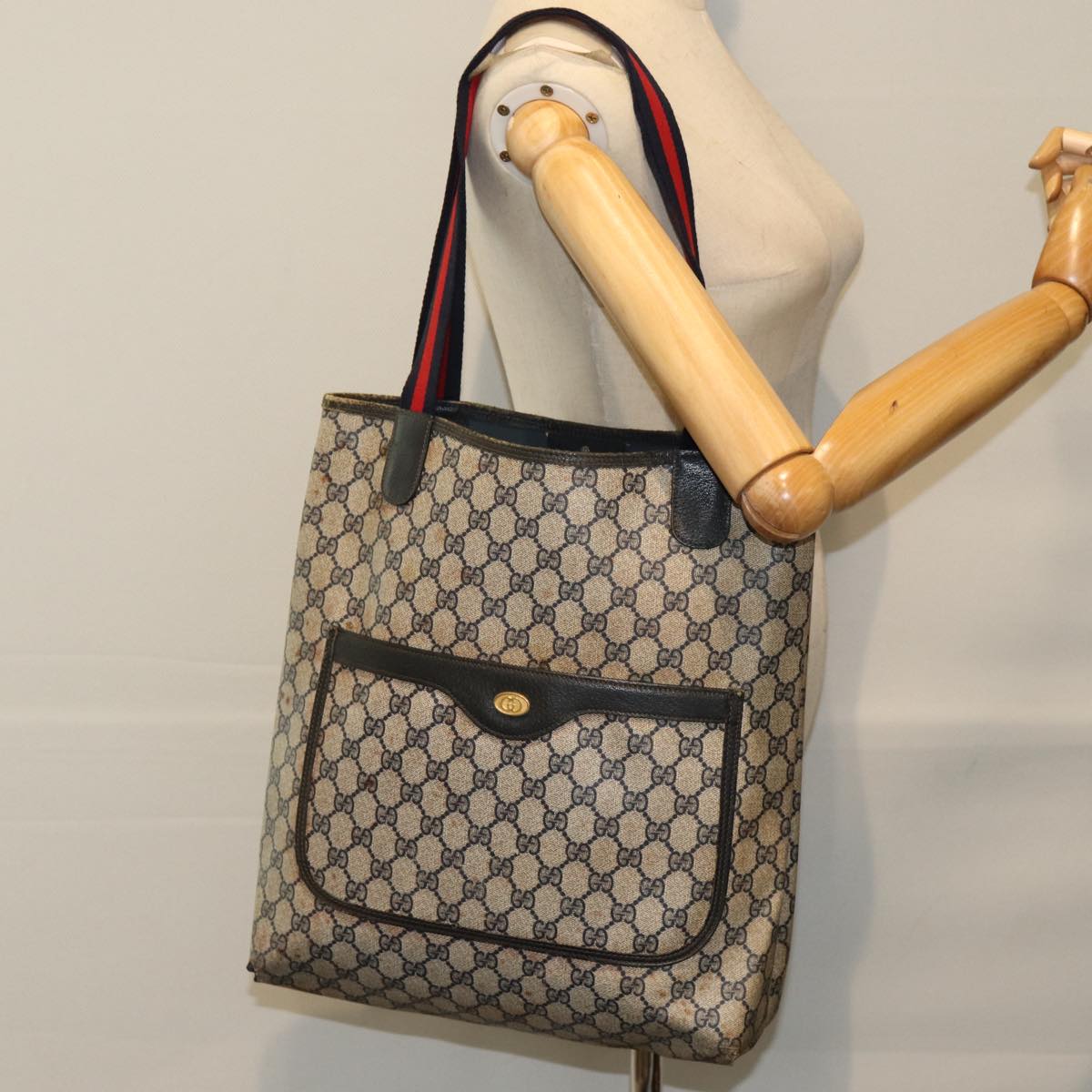 GUCCI GG Supreme Tote Bag PVC Leather Navy 79597