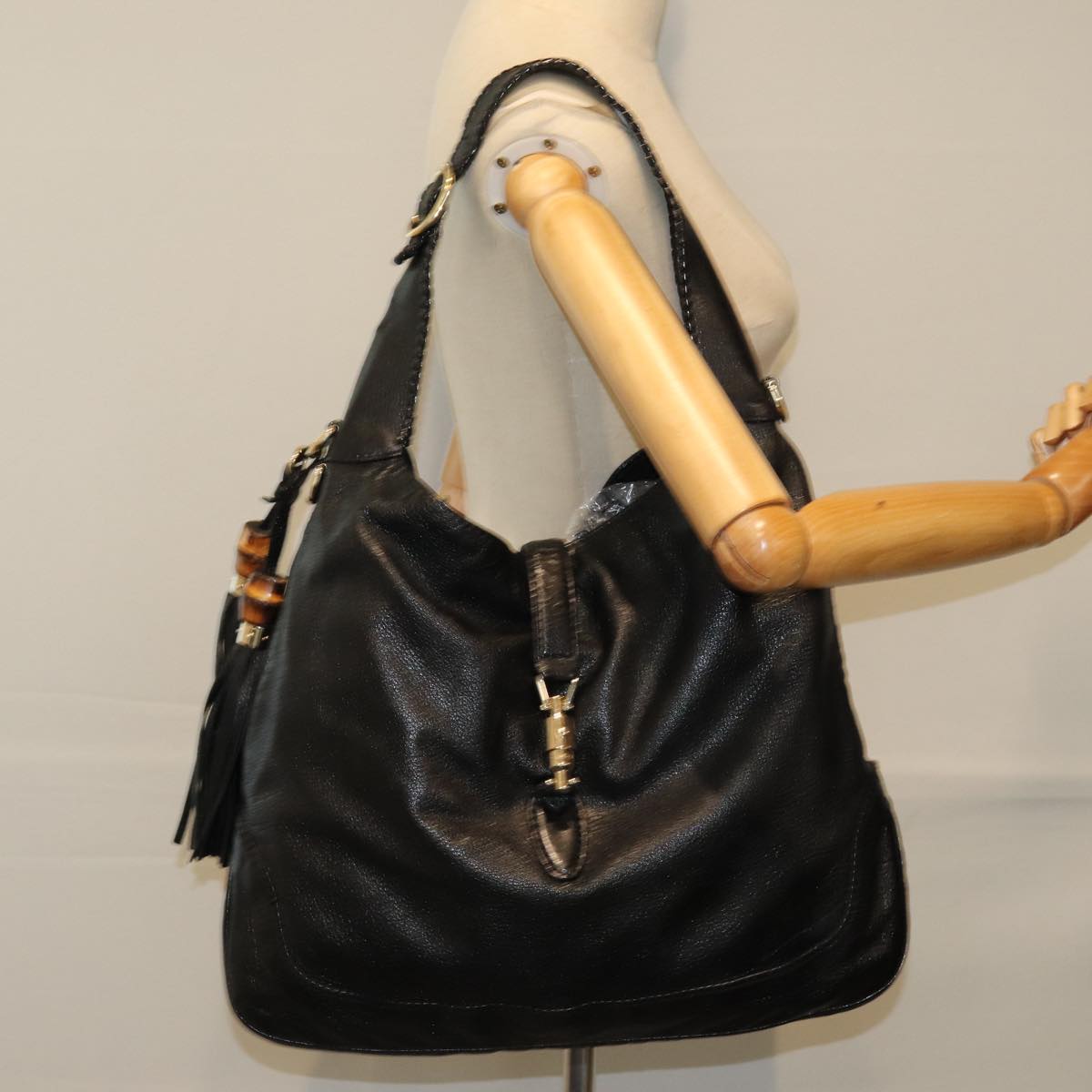 GUCCI Bamboo Jackie Shoulder Bag Leather Black 223929 79722