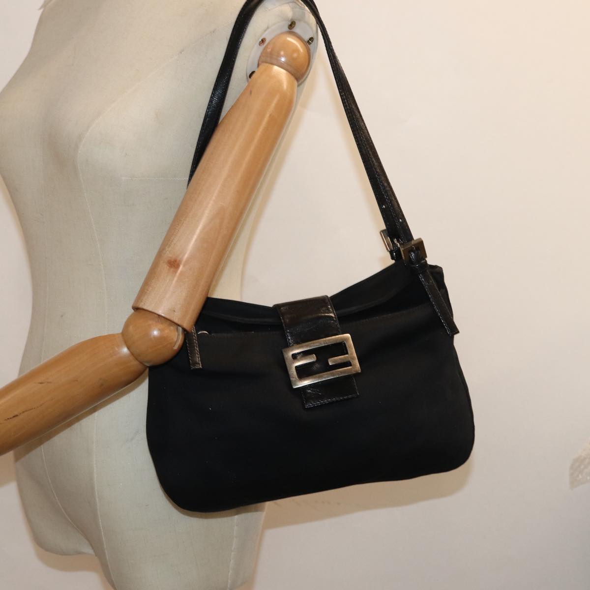 FENDI Mamma Baguette Shoulder Bag Nylon Black 80619
