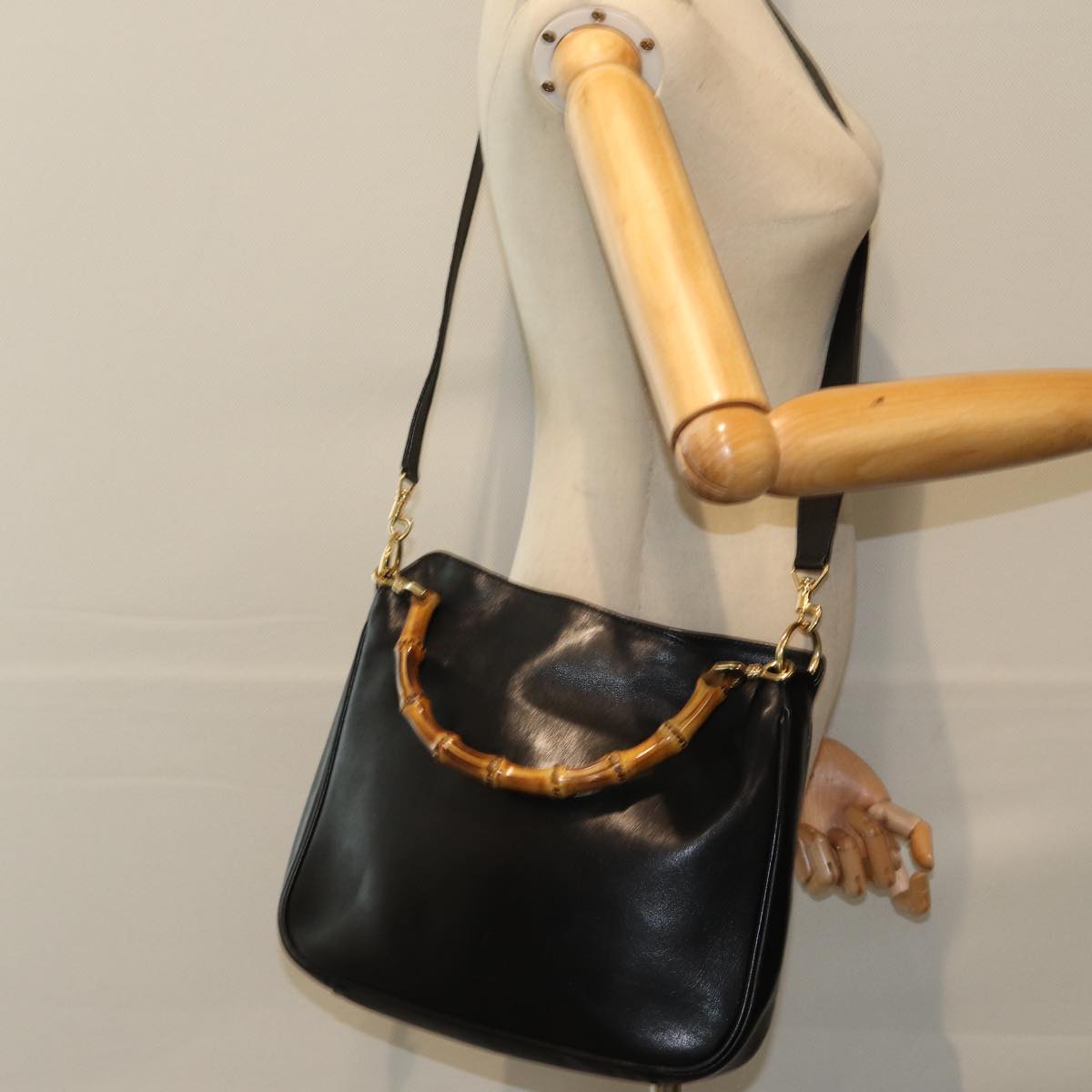 GUCCI Bamboo Hand Bag Leather 2way Black 001 2113 1638 81162