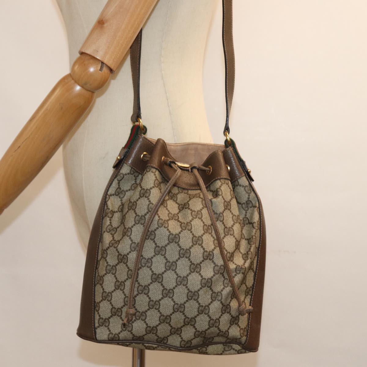 GUCCI GG Supreme Web Sherry Line Shoulder Bag PVC Beige 41 02 034 81369