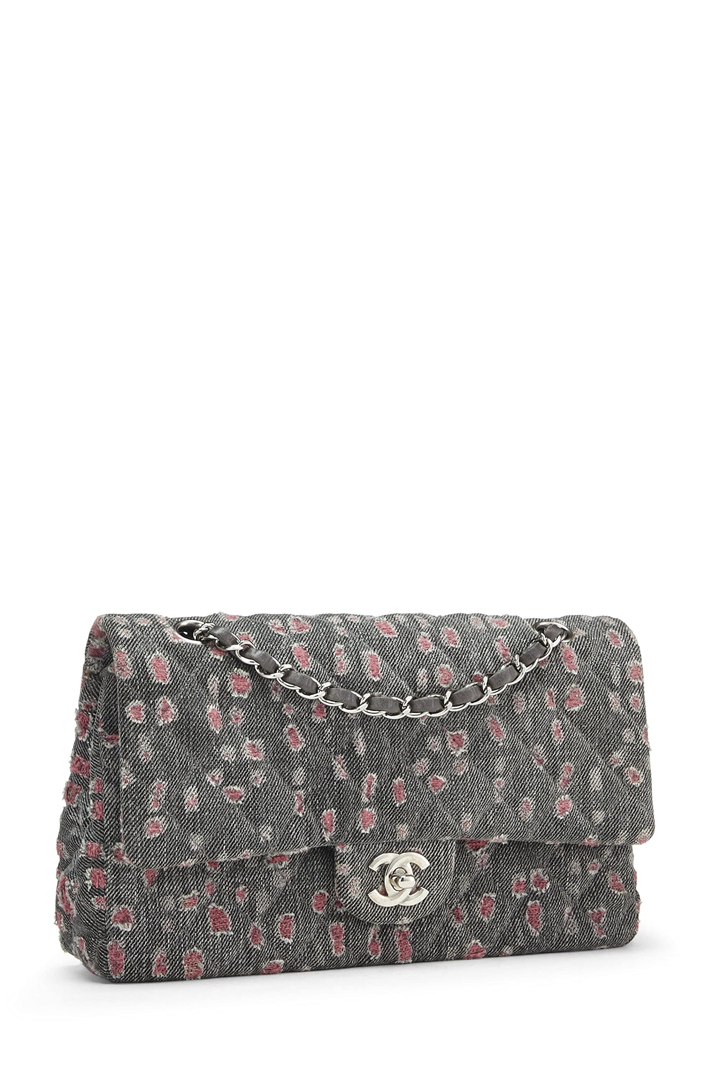 Chanel, Grey & Pink Distressed Denim Classic Double Flap Medium, Pink
